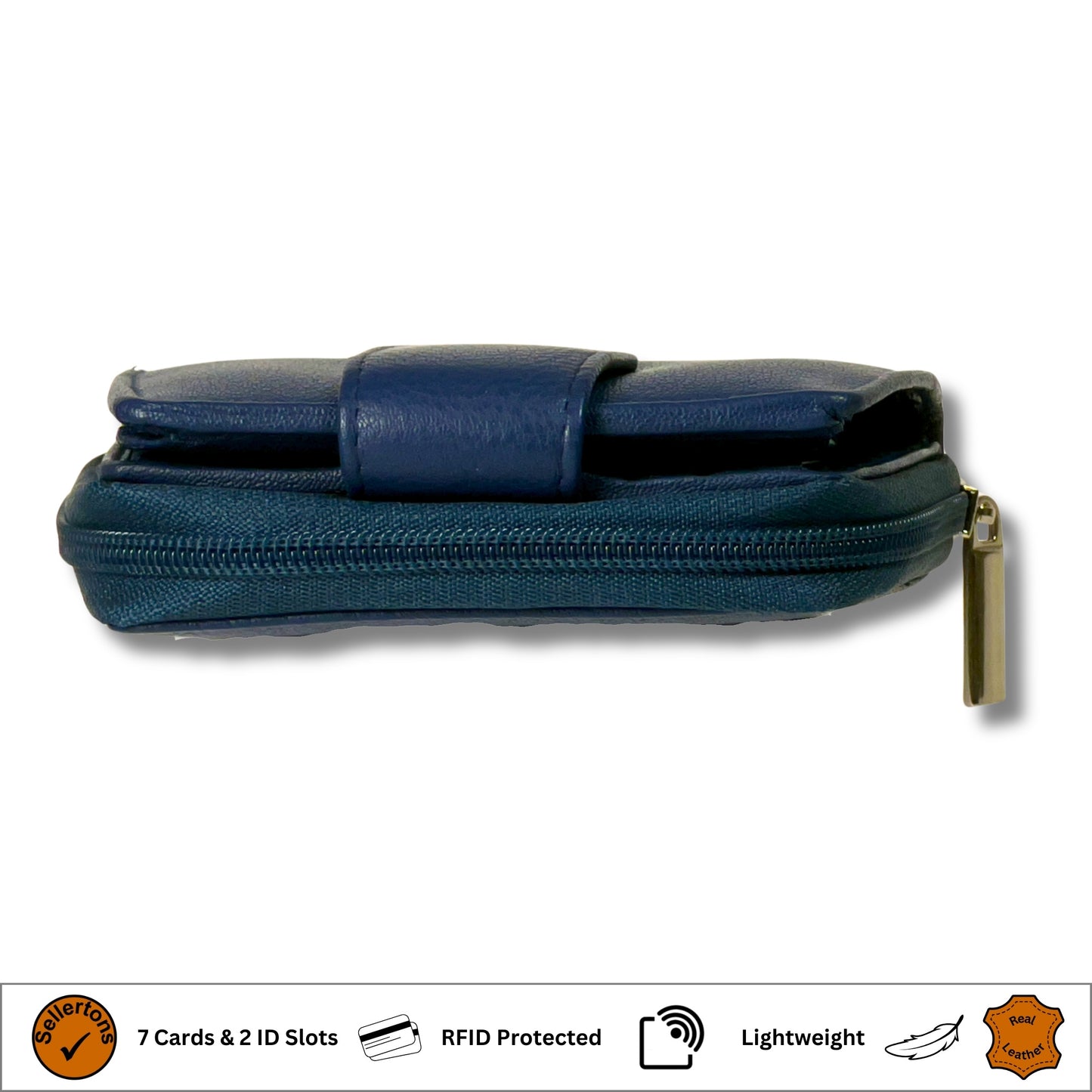 Side profile view of a navy blue Nappa leather ladies purse with RFID protection