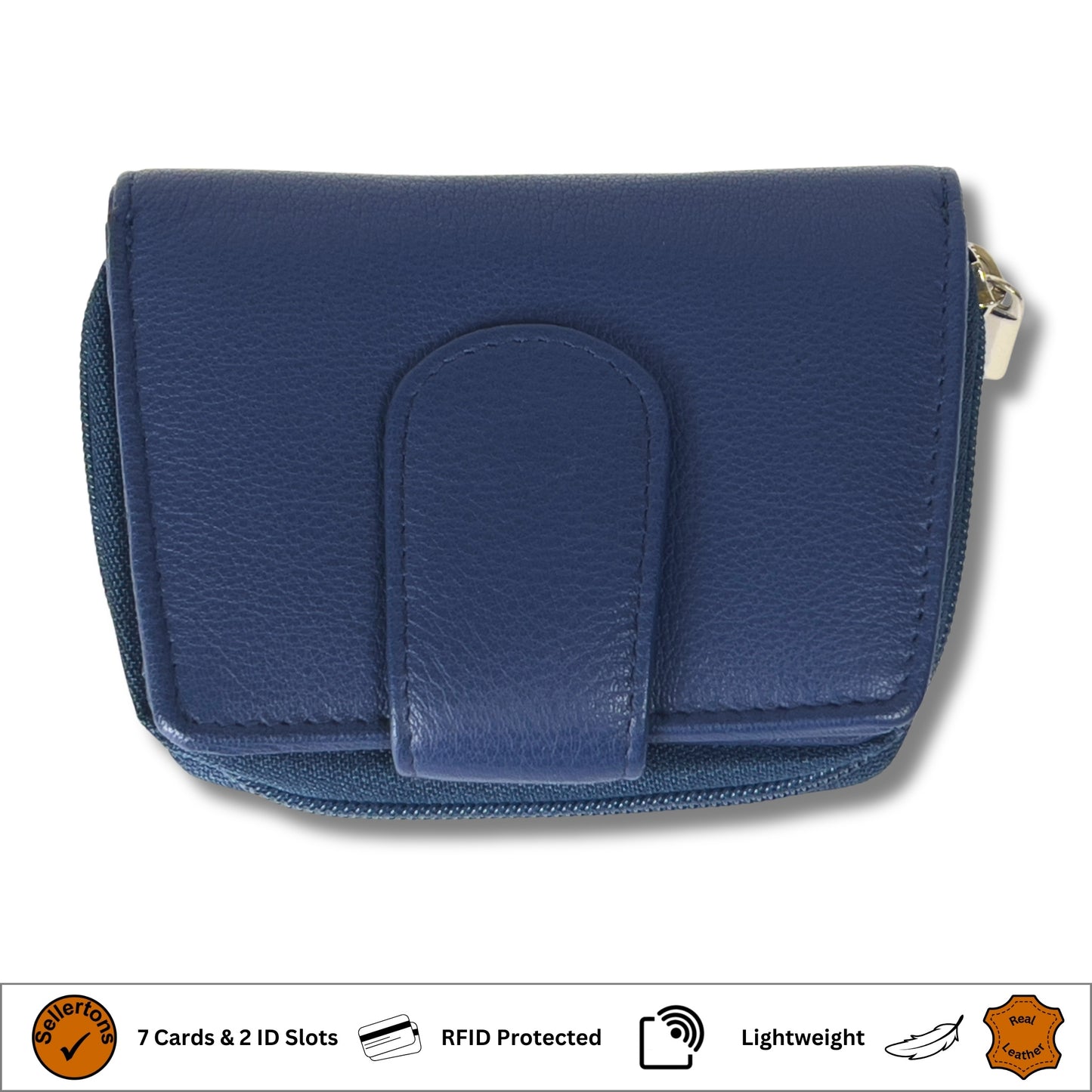 Top view of a navy blue ladies purse with RFID protection and soft Nappa leather