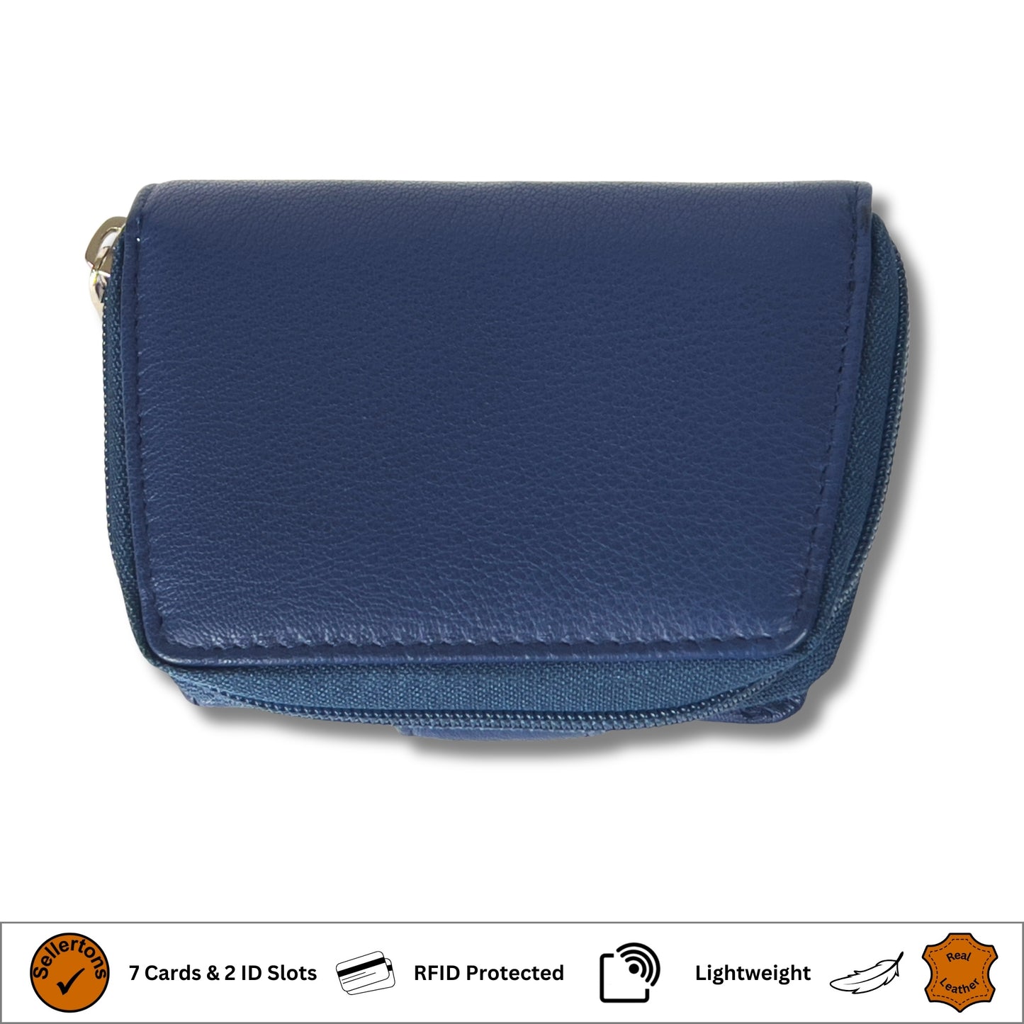Under view showing the craftsmanship of a navy blue RFID ladies purse