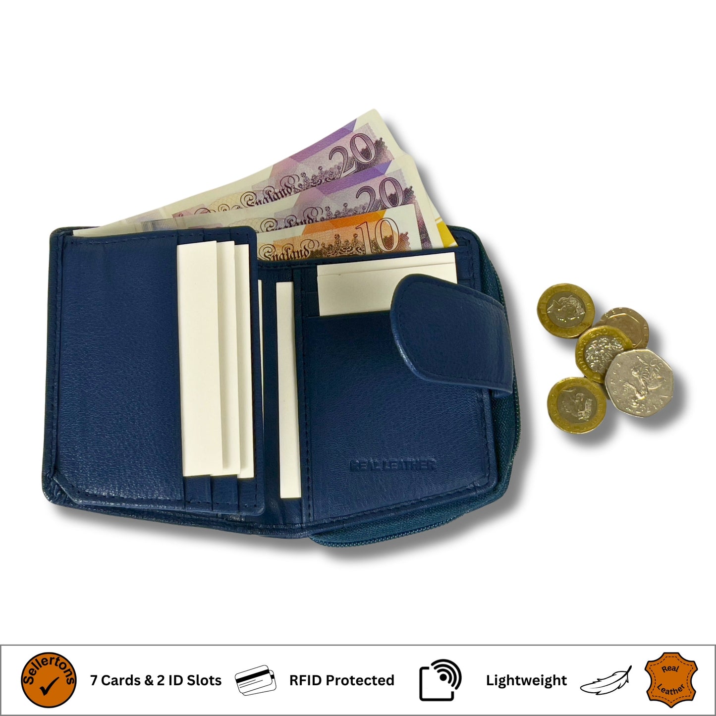 Zip compartment view of a navy blue RFID ladies purse for coins and essentials