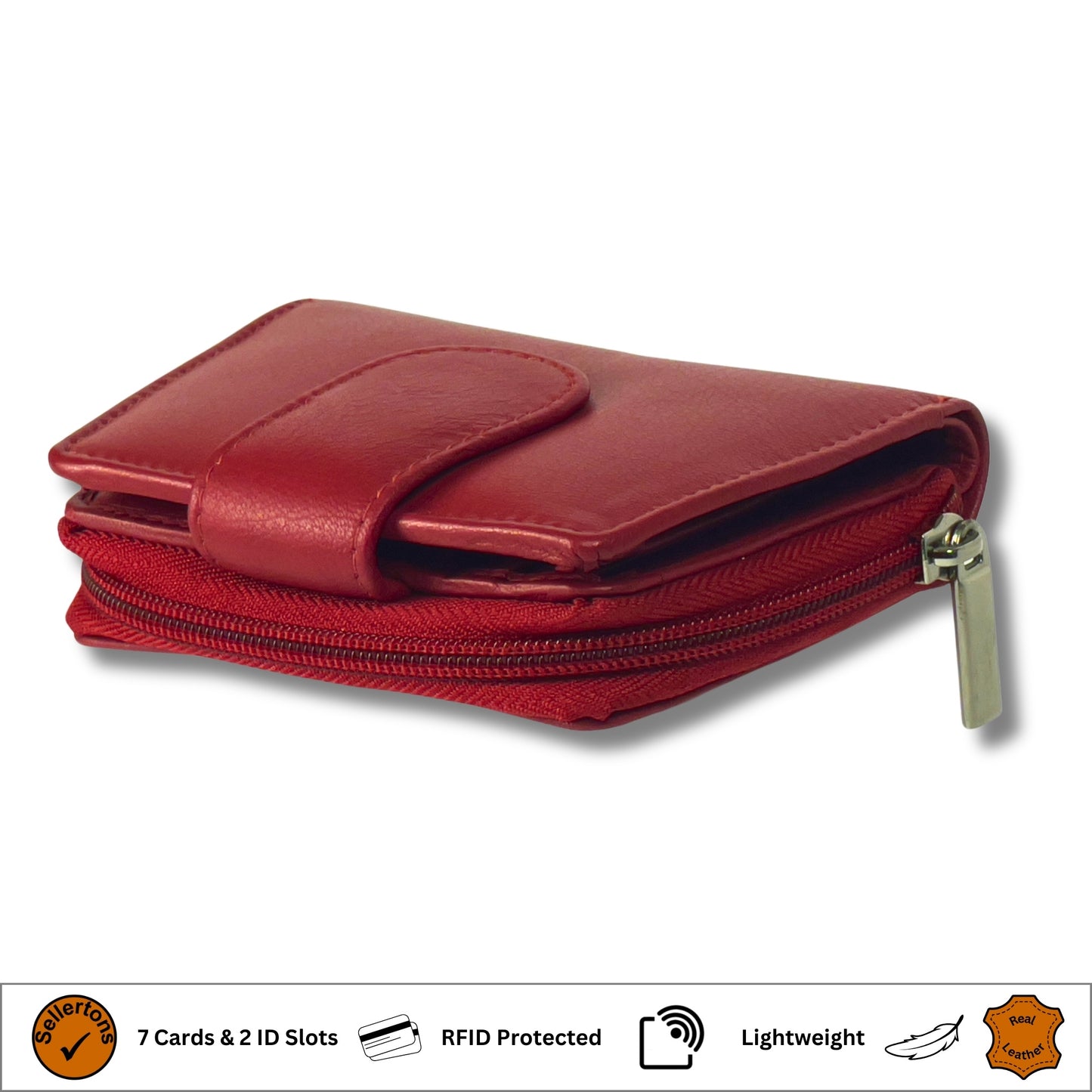 Red soft Nappa leather ladies purse angled view showing RFID blocking and stylish design