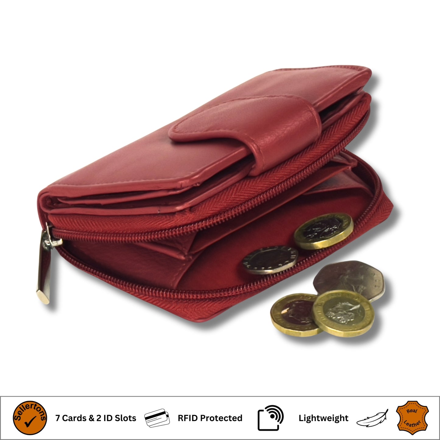 Red soft Nappa leather RFID ladies purse showcasing coin pocket and secure design