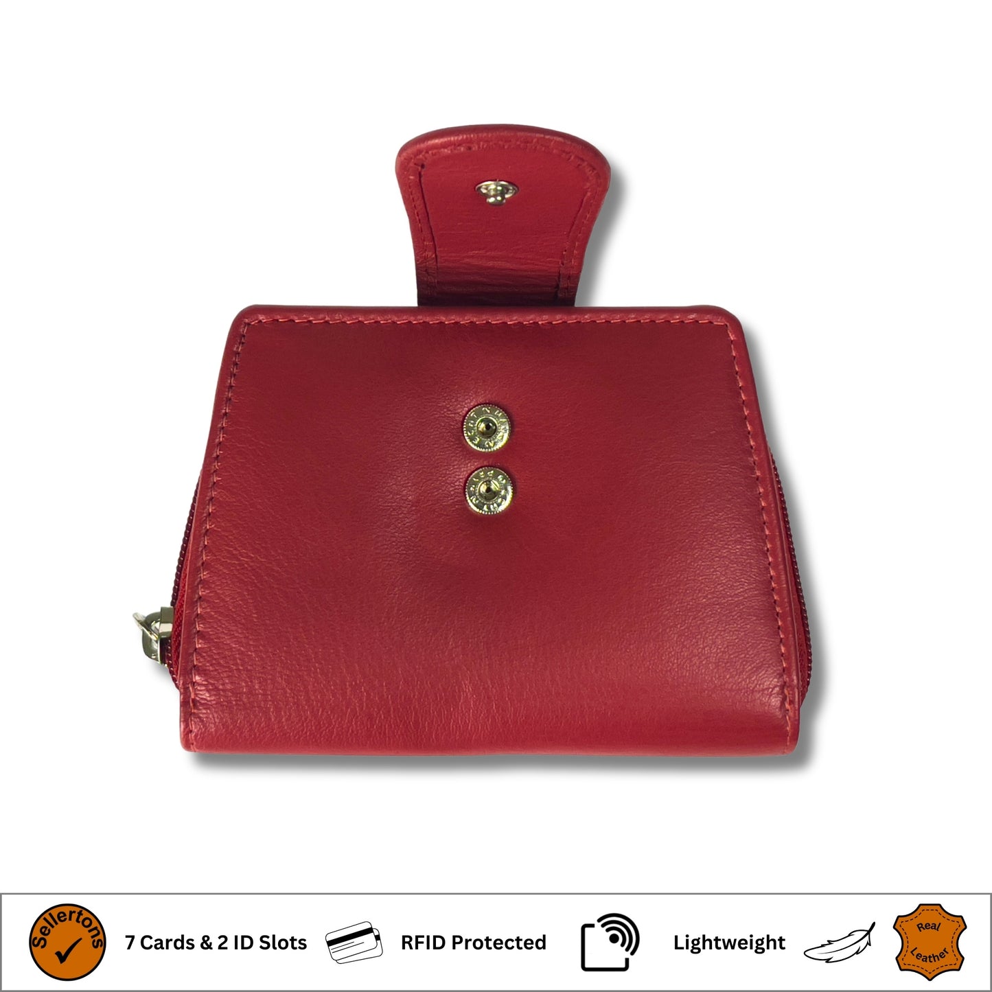 Red soft leather ladies purse open with poppers and RFID blocking
