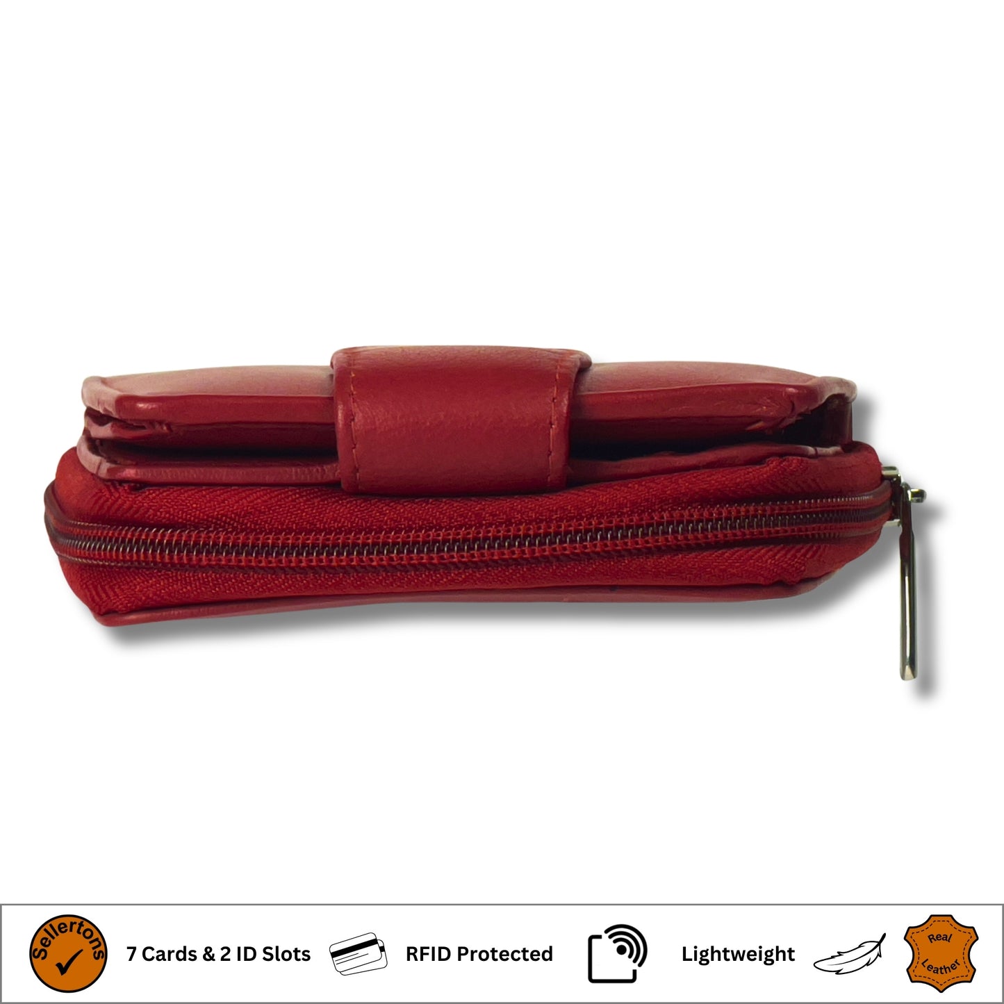 Red soft leather RFID ladies purse side profile showcasing compact design