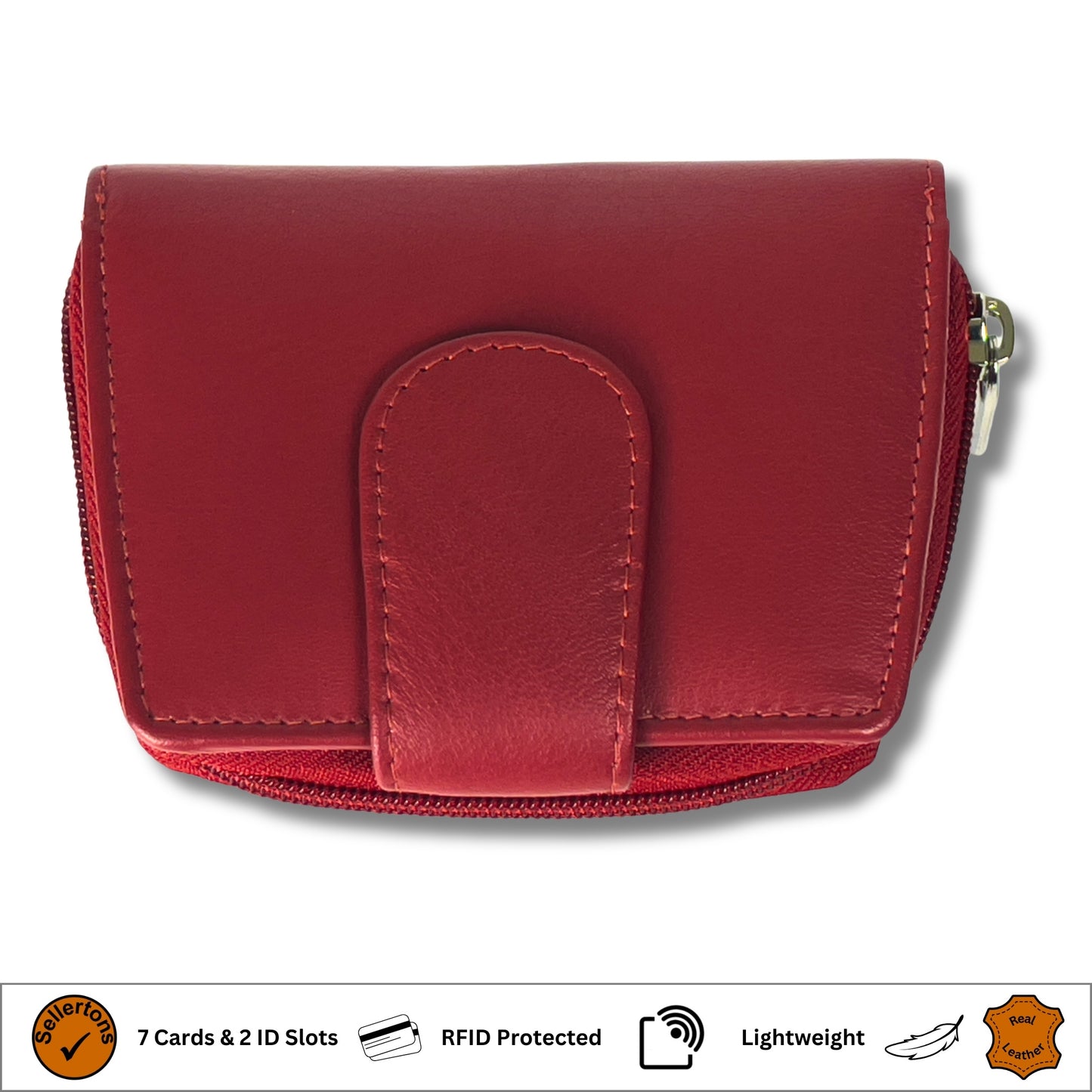 Top view of red soft leather RFID ladies purse with a sleek design