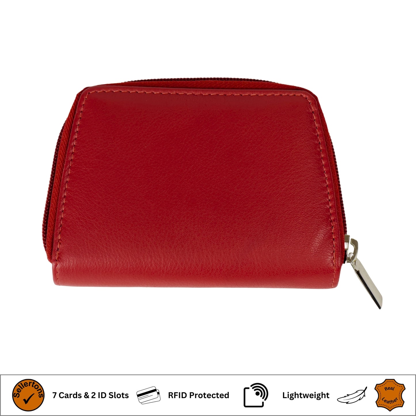 Under view of the red soft leather RFID ladies purse with durable stitching