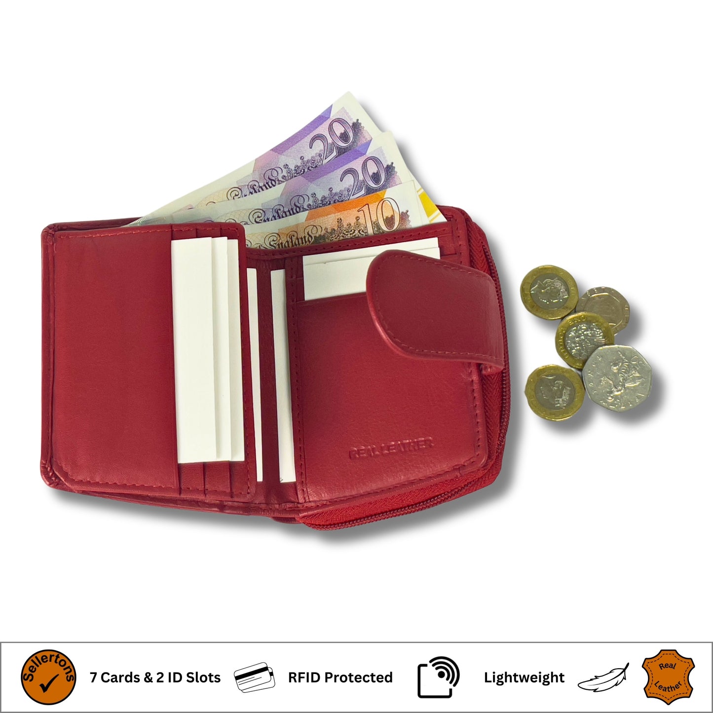 Zip compartment of the red soft Nappa leather ladies RFID purse