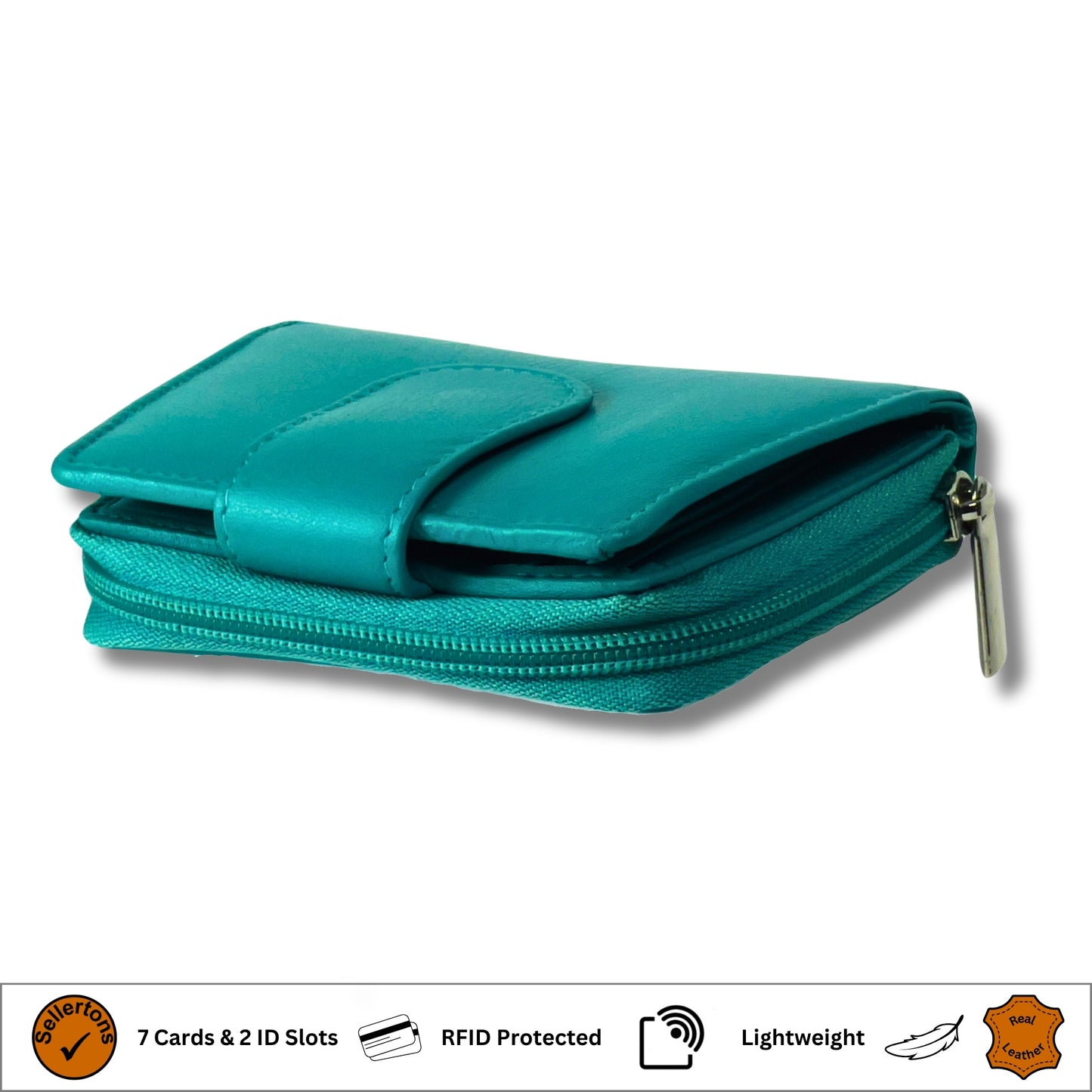 Turquoise soft Nappa leather ladies purse angled view showing RFID blocking and elegant design