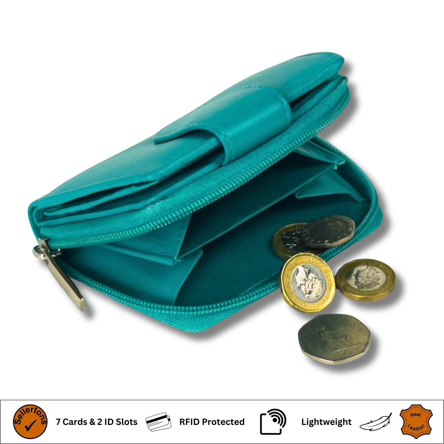 Turquoise soft Nappa leather RFID ladies purse featuring a secure coin pocket