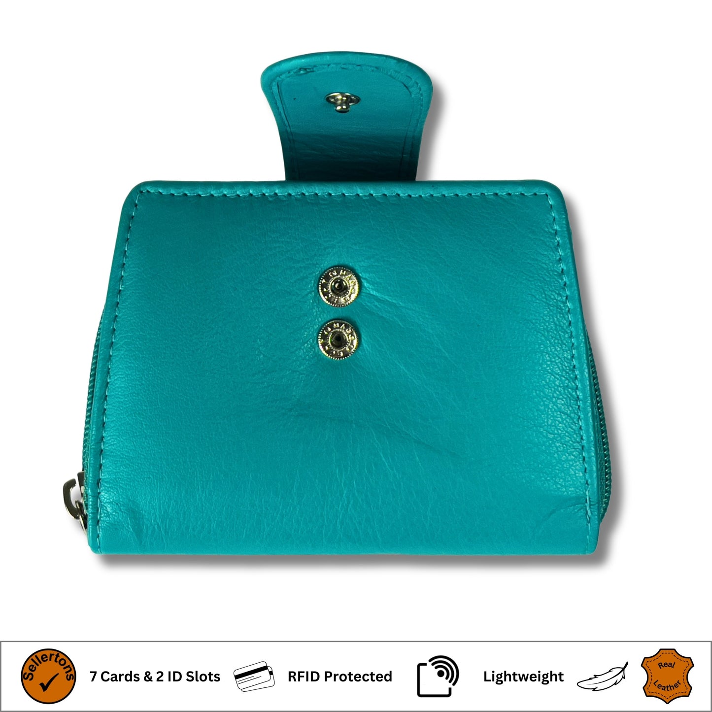 Turquoise soft leather ladies purse open with poppers and RFID blocking