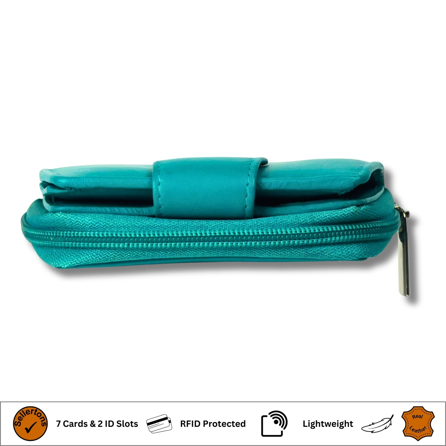 Turquoise soft leather RFID ladies purse side profile showcasing vibrant design