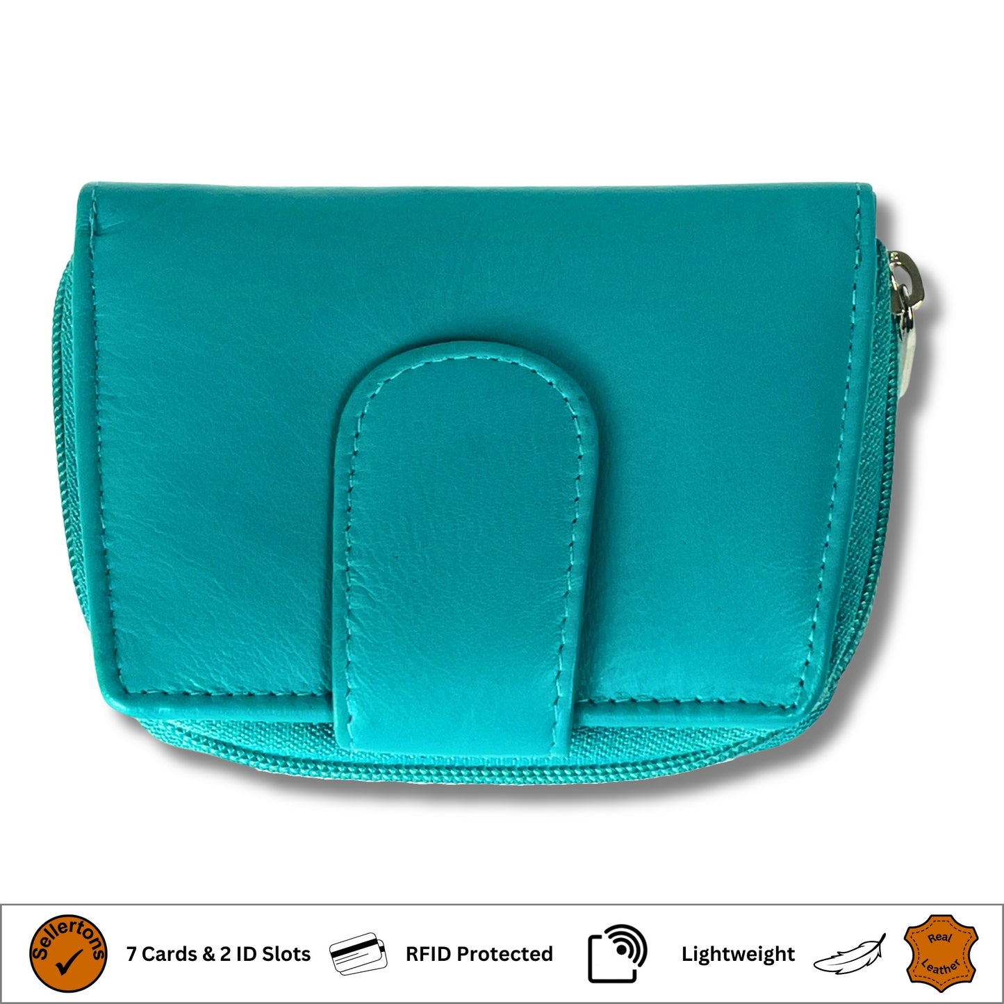 Top view of turquoise soft leather RFID ladies purse with a sleek design
