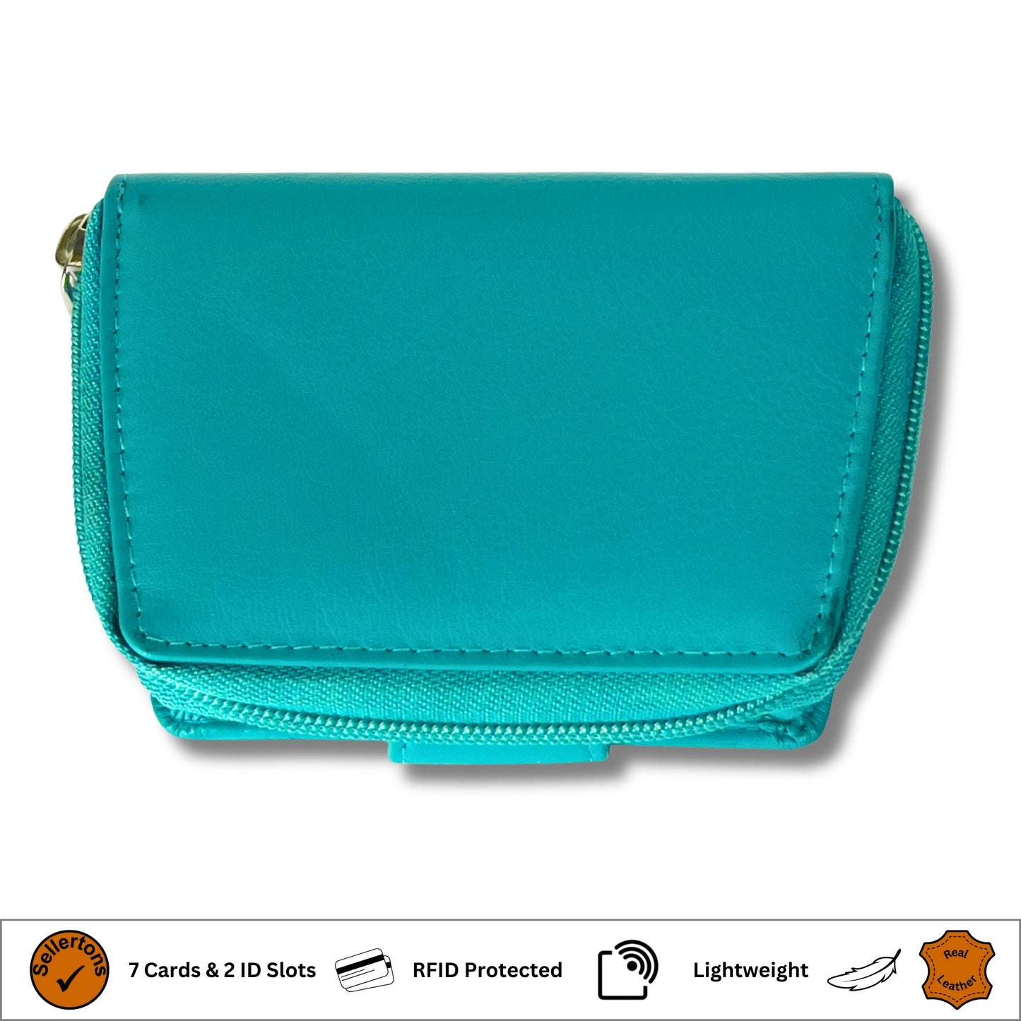 Under view of the turquoise soft leather RFID ladies purse with durable stitching