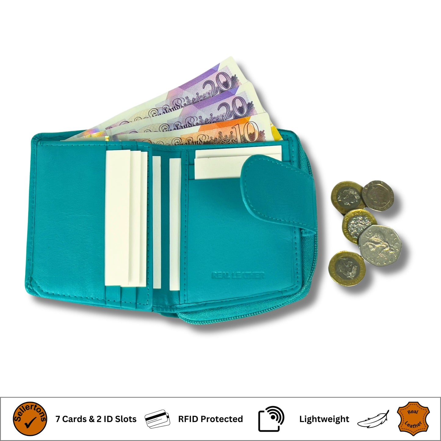 Zip compartment of the turquoise soft Nappa leather ladies RFID purse
