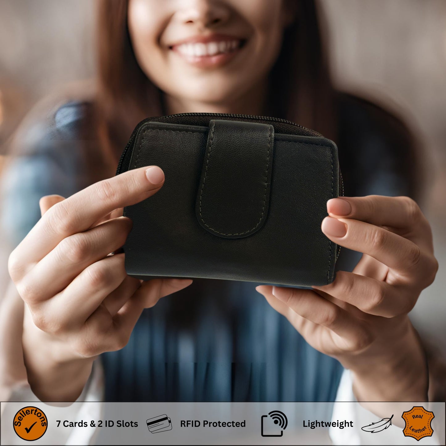 Woman holding a brown RFID wallet made of soft Nappa leather.