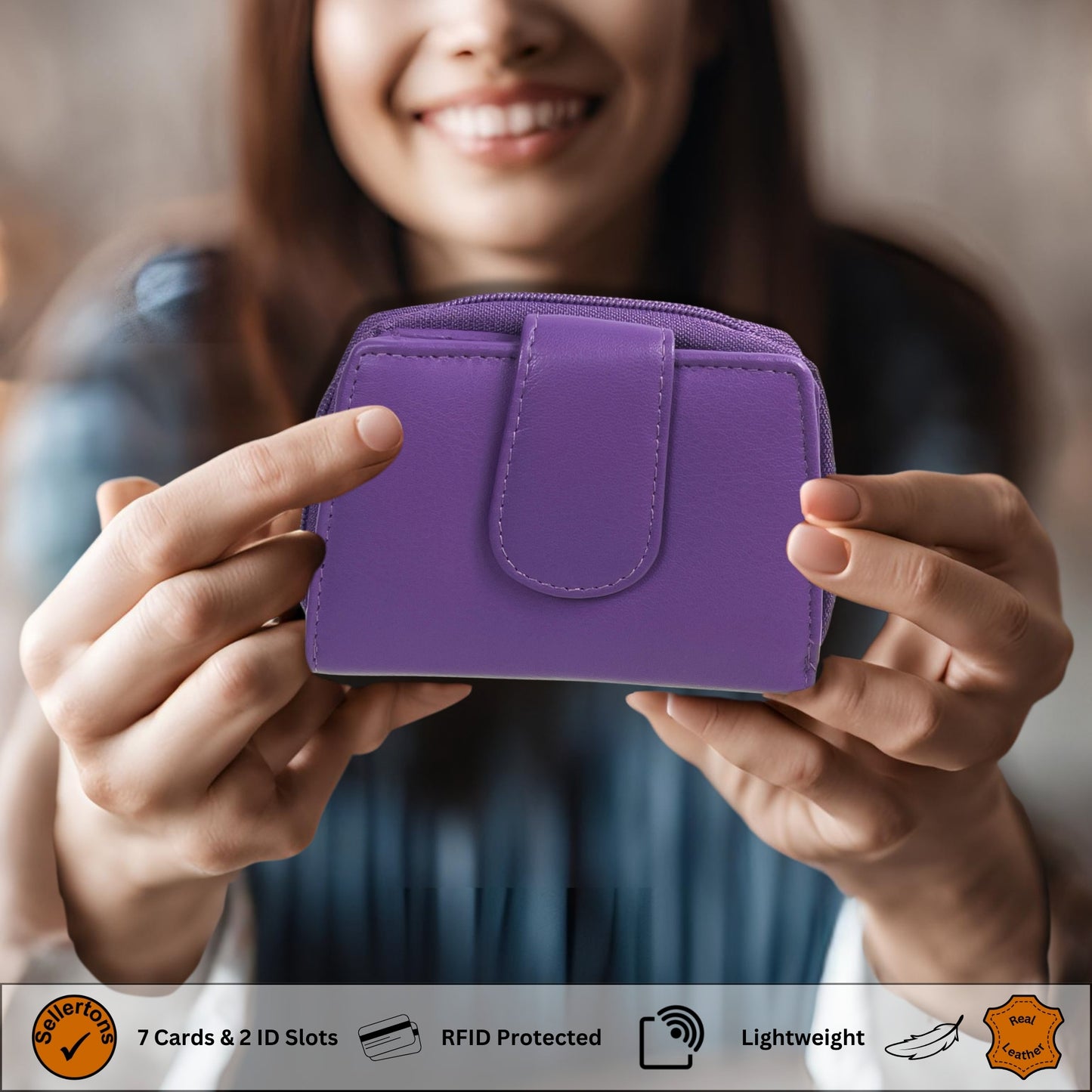 Woman holding a dark lilac RFID wallet made of soft Nappa leather.