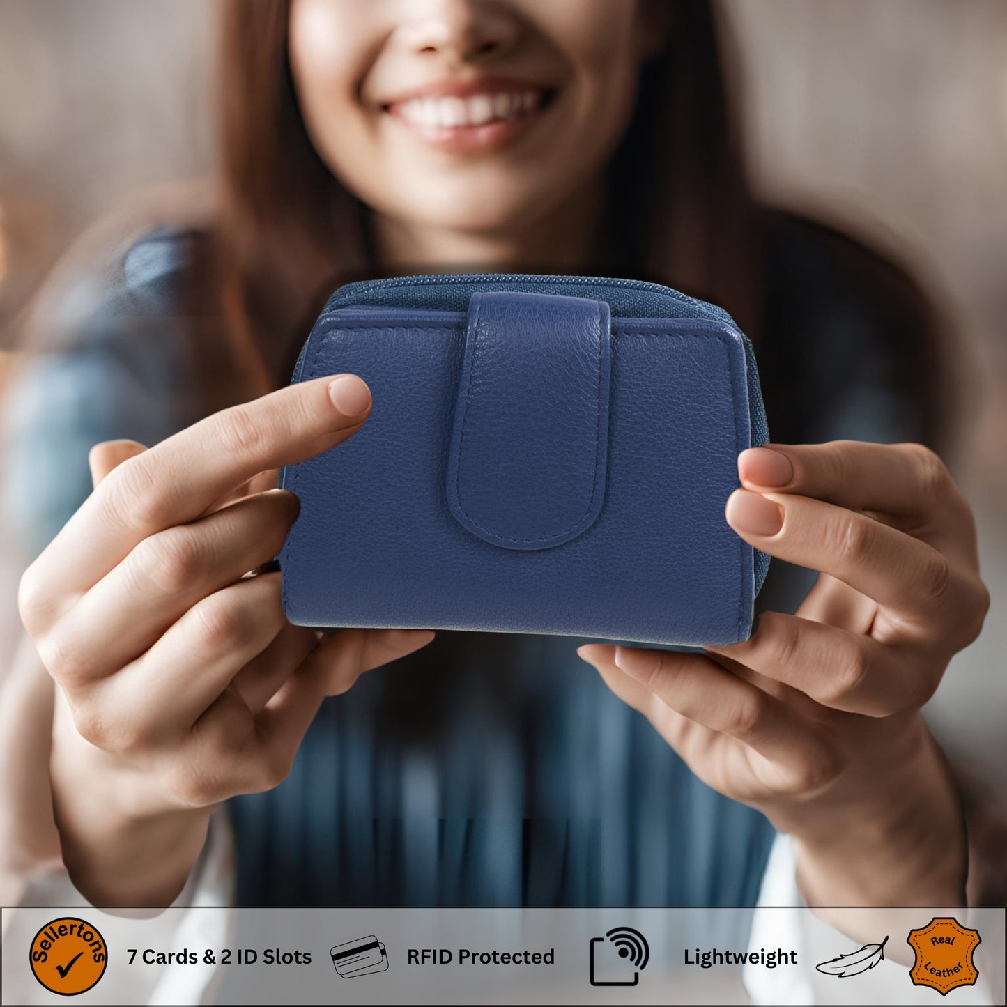 Woman holding a navy RFID wallet made of soft Nappa leather.