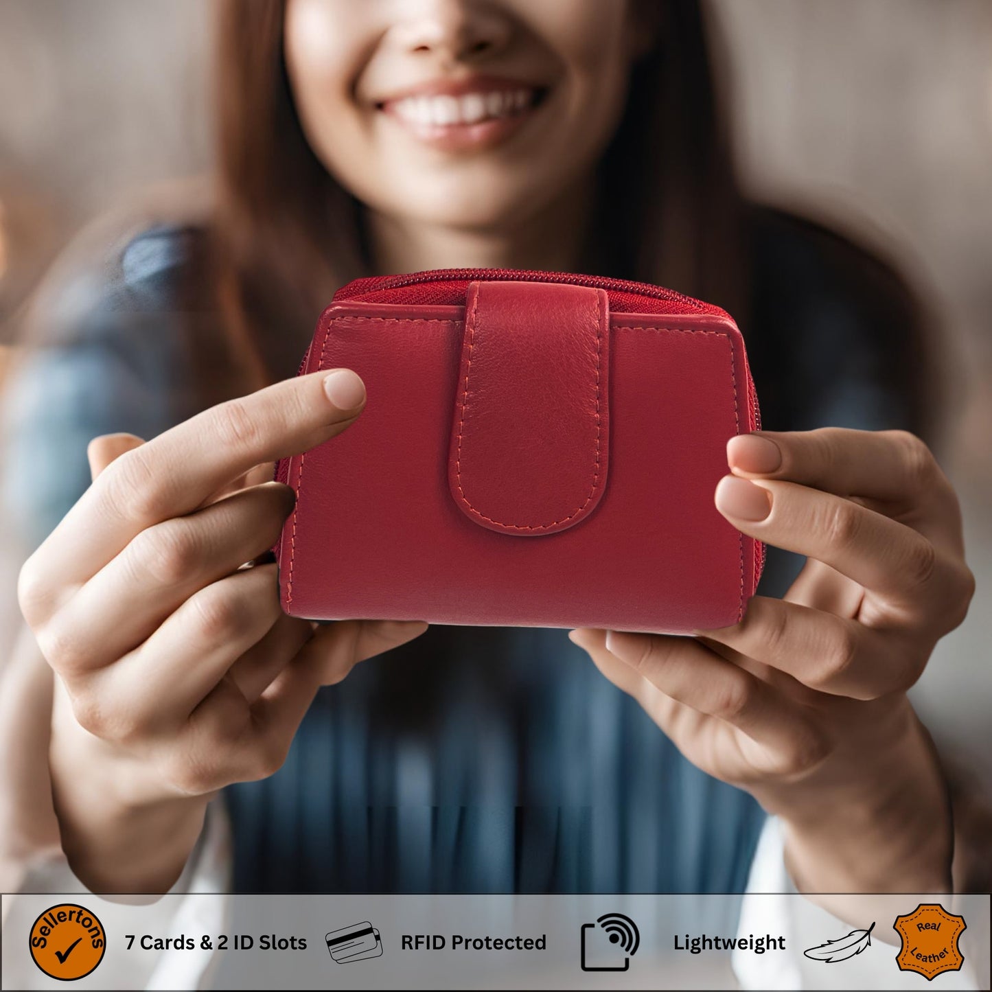 Woman holding a red RFID wallet made of soft Nappa leather.