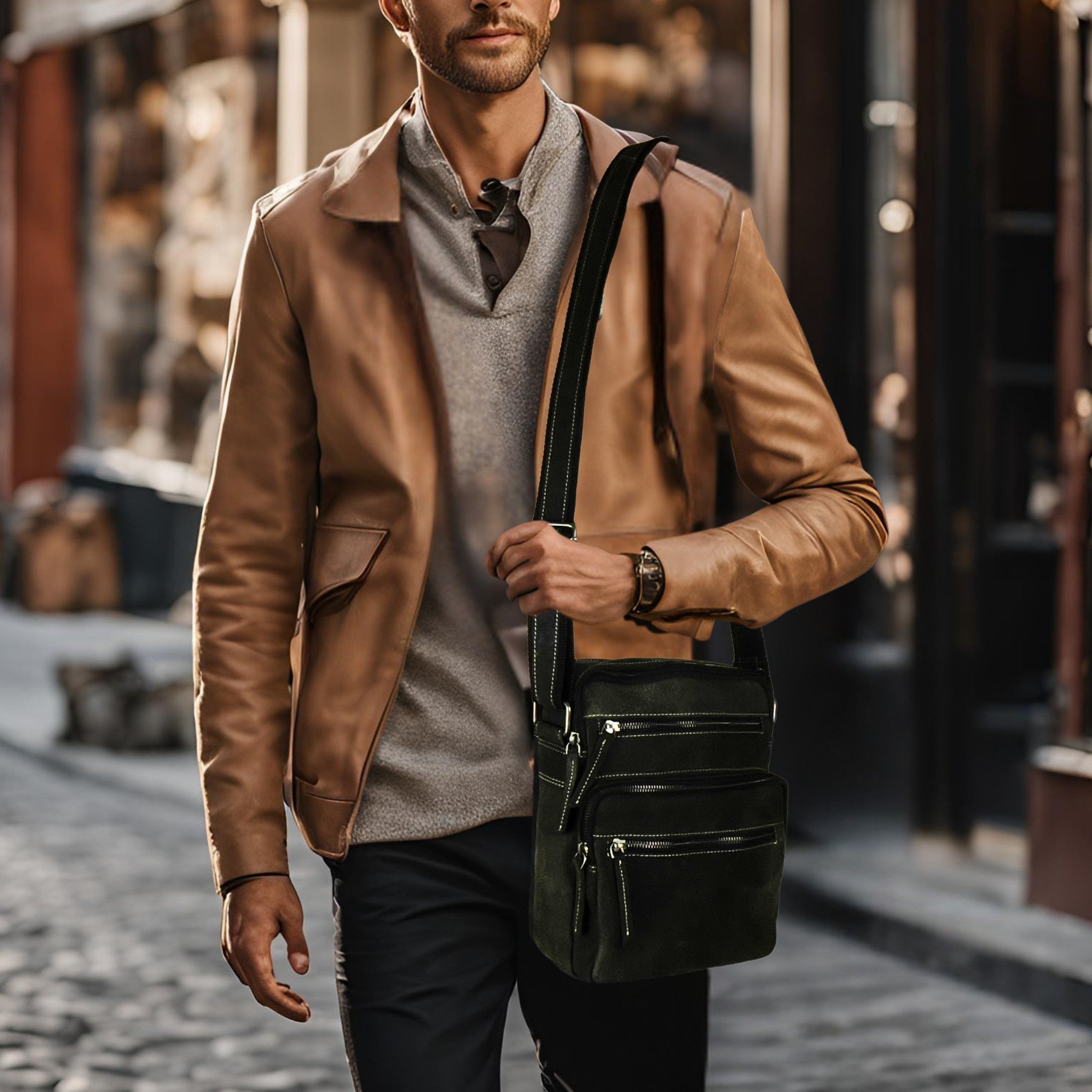 Man wearing a black unisex leather crossbody bag with a tan jacket in an urban setting.