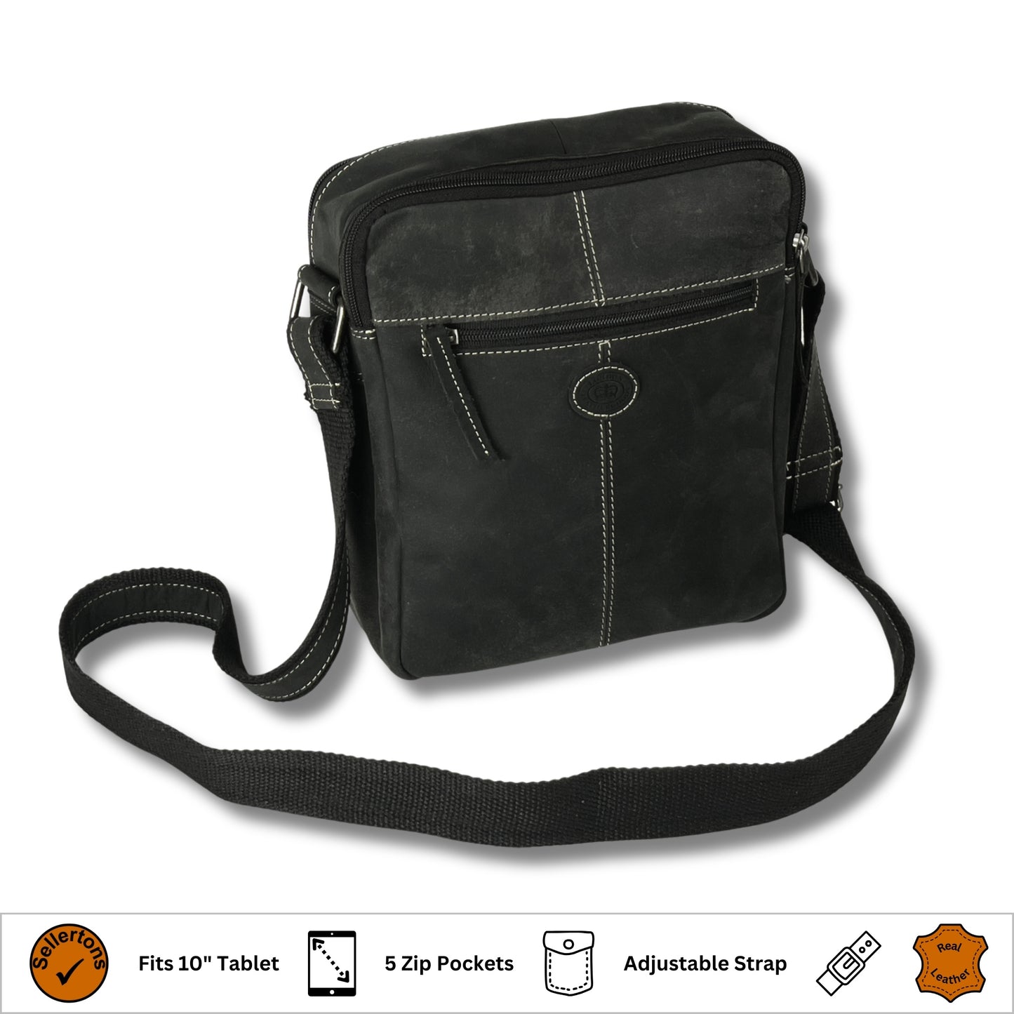 Back view of black and grey two-tone hunter leather crossbody bag with adjustable strap