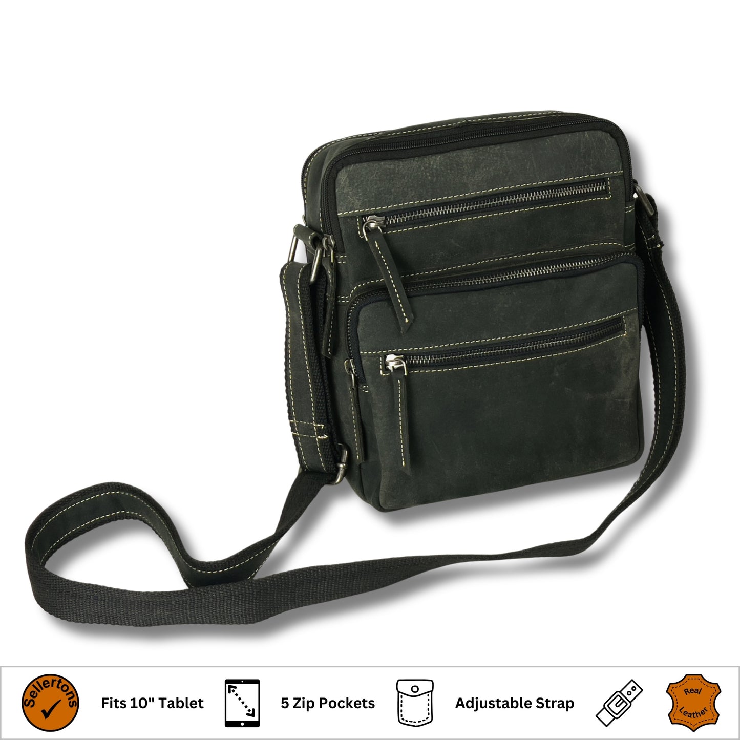 Front view of unisex black and grey hunter leather crossbody bag with zip compartments