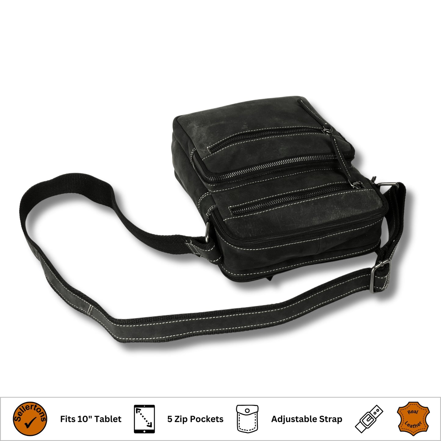 Top view of the hunter leather crossbody bag with secure zip compartments