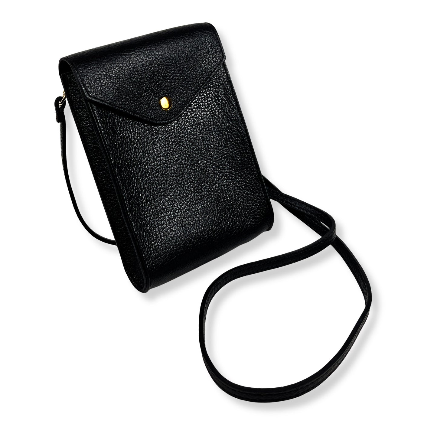 Black leather mobile phone corssbody bag standing upright showing its elegant structure

