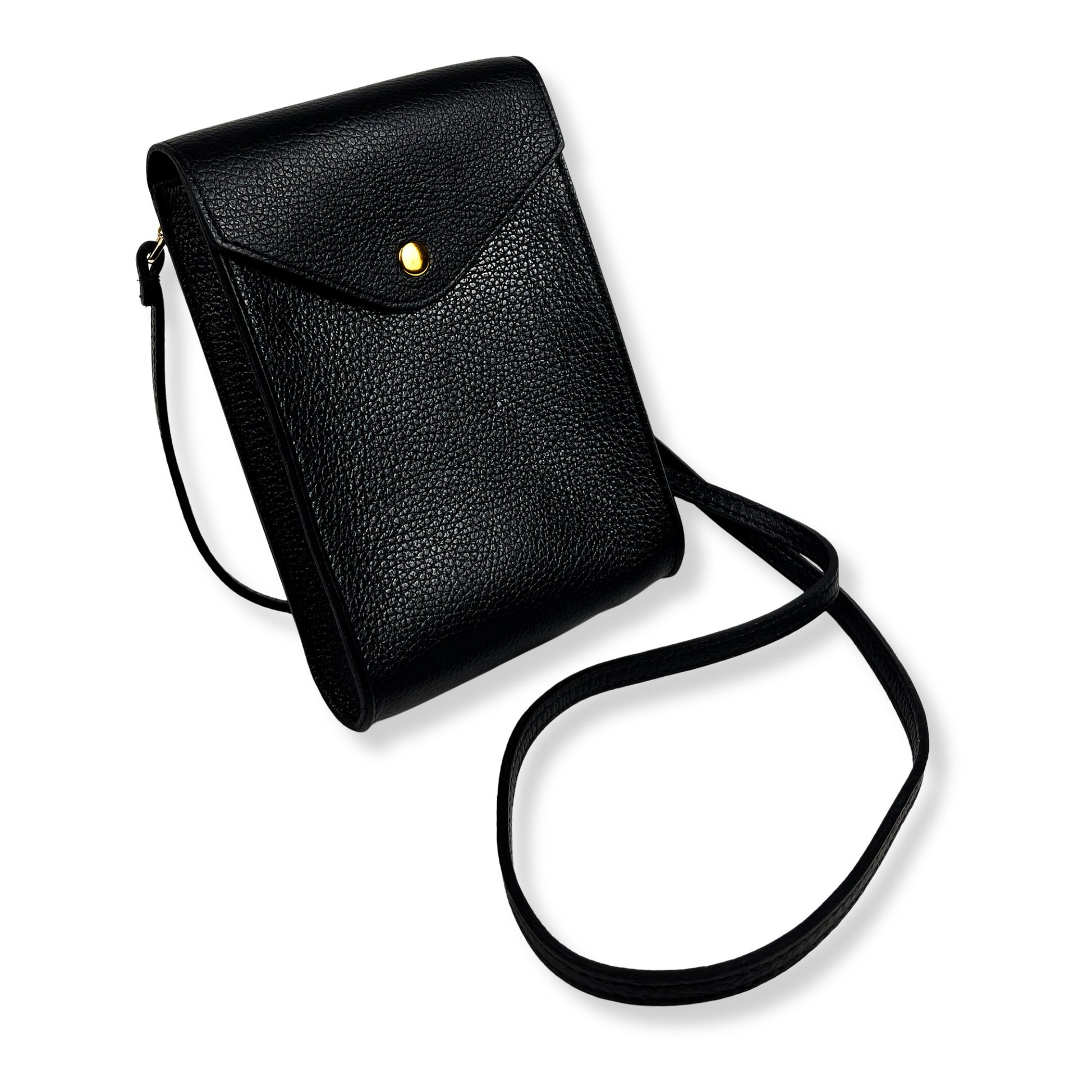 Black leather mobile phone corssbody bag standing upright showing its elegant structure
