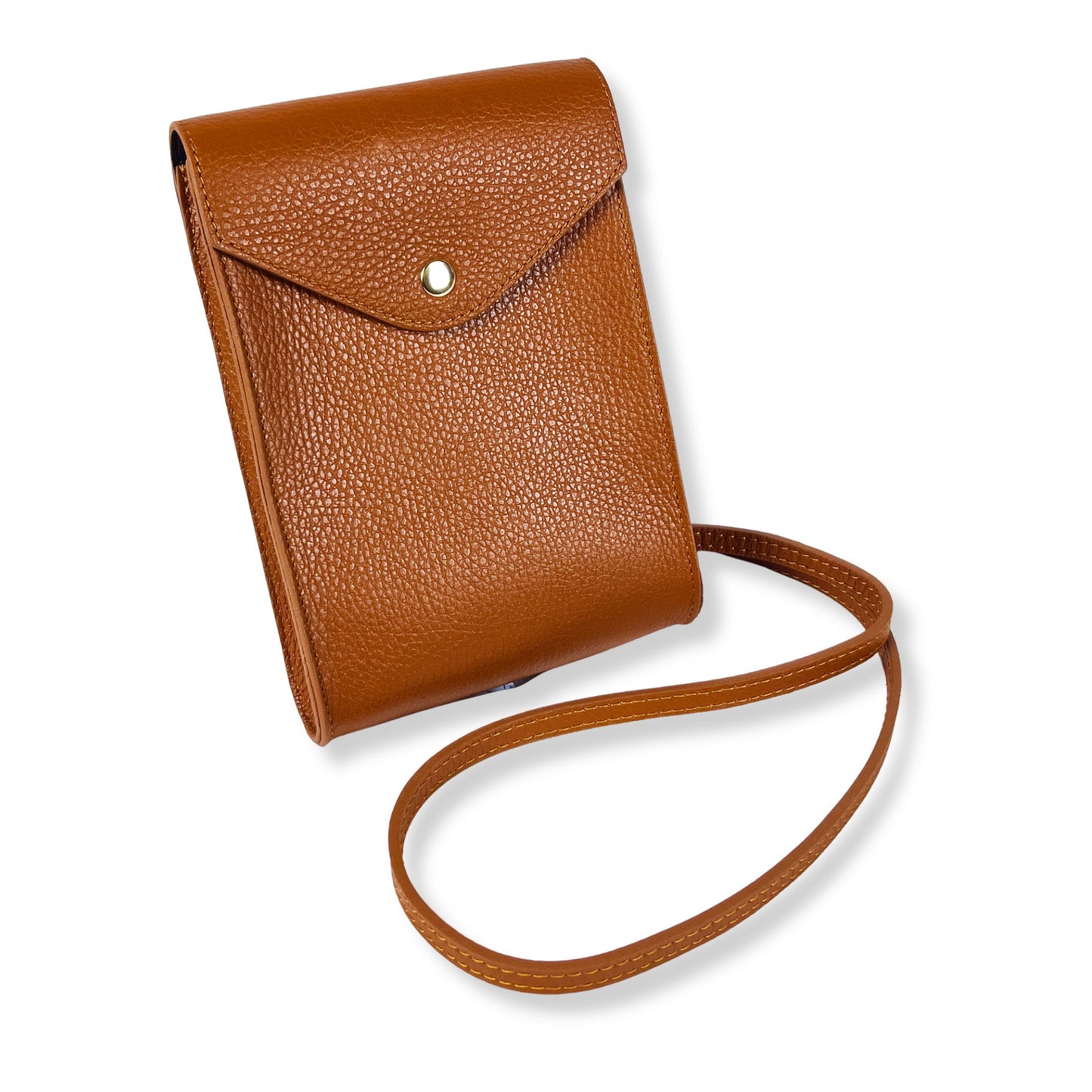 Front view of a dark tan Italian real leather crossbody phone bag with structured shape and polished finish
