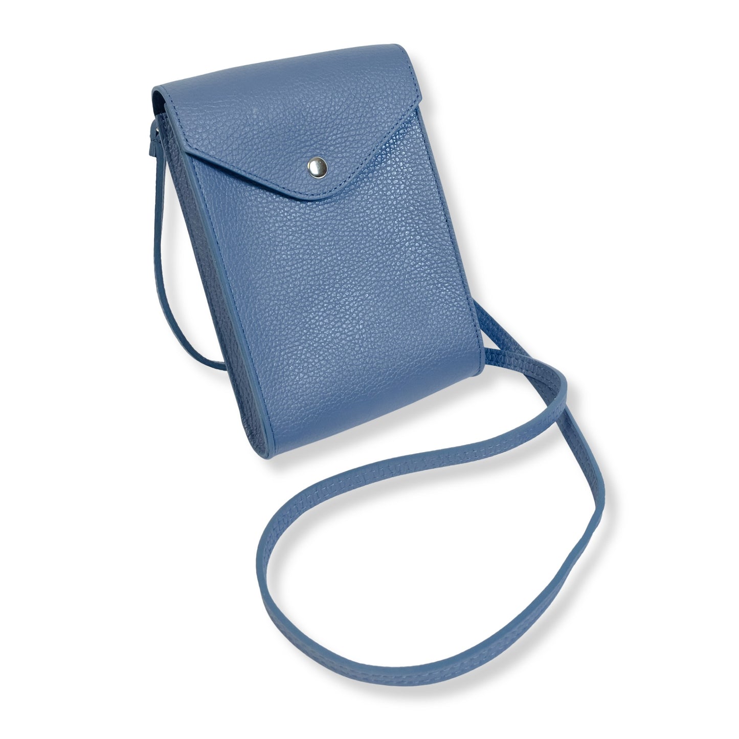 Denim blue leather phone purse standing upright showing its elegant structure
