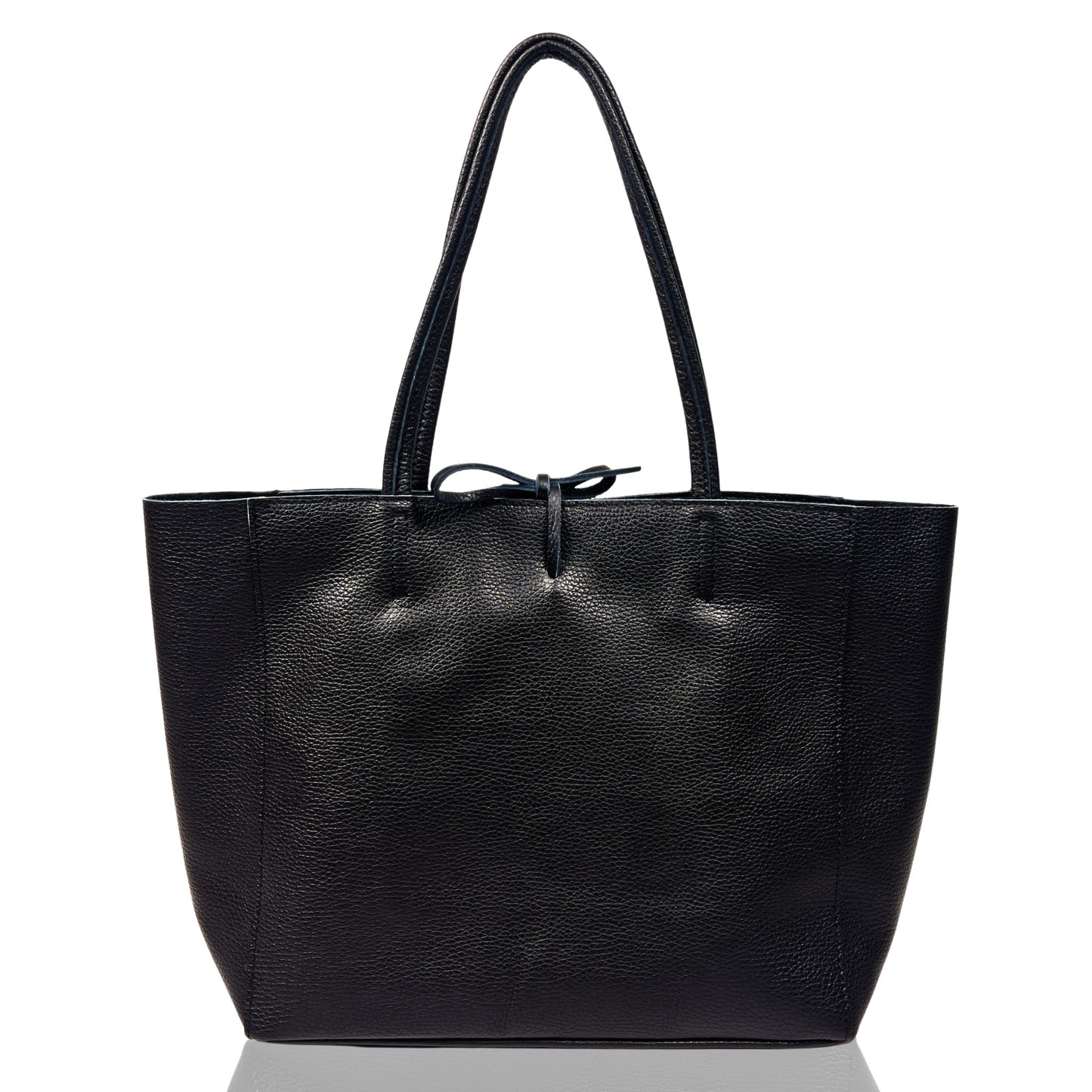 Front view of black full-grain Italian leather tote bag with zip-top closure and twin handles