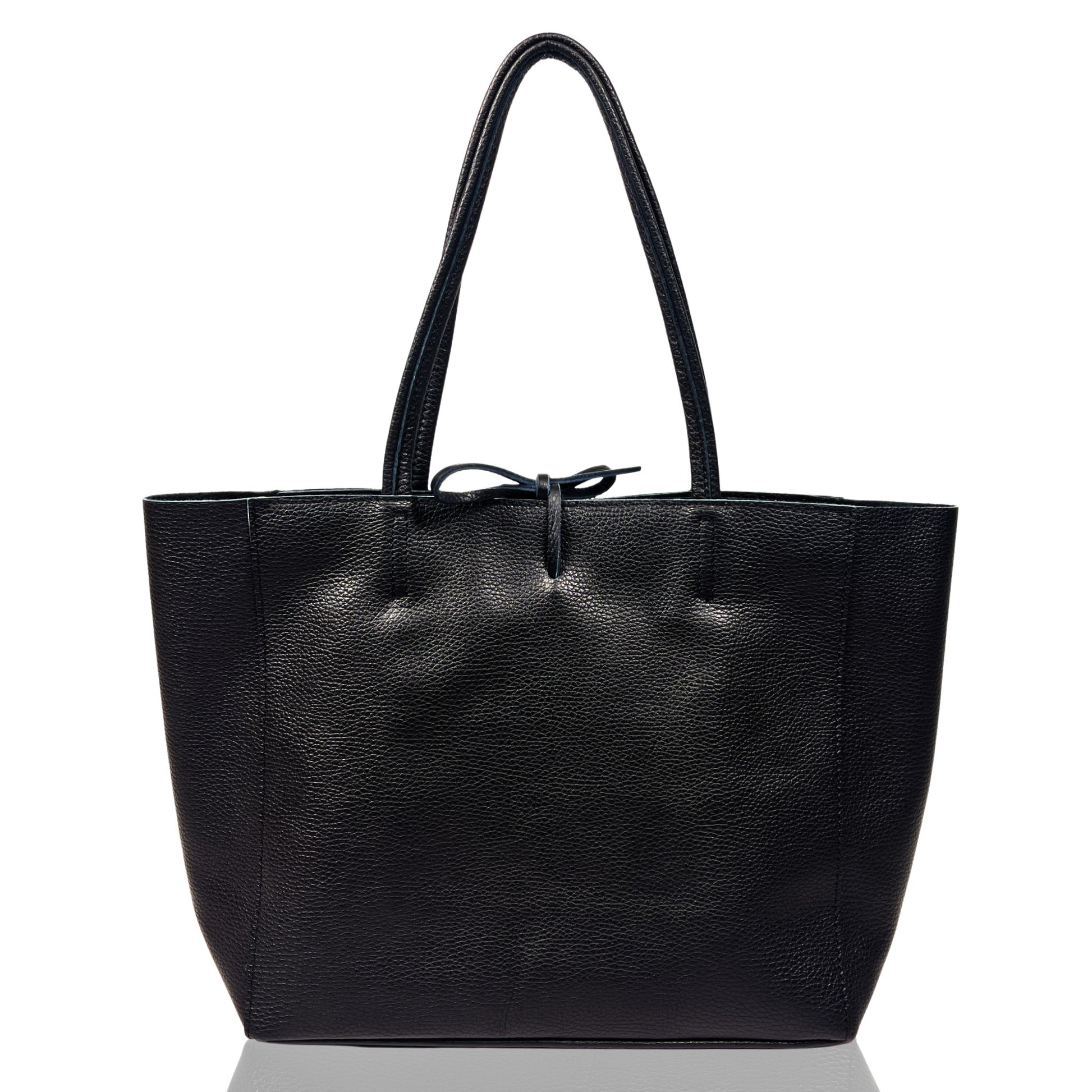 Front view of black full-grain Italian leather tote bag with zip-top closure and twin handles