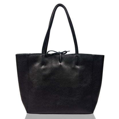 Front view of black full-grain Italian leather tote bag with zip-top closure and twin handles