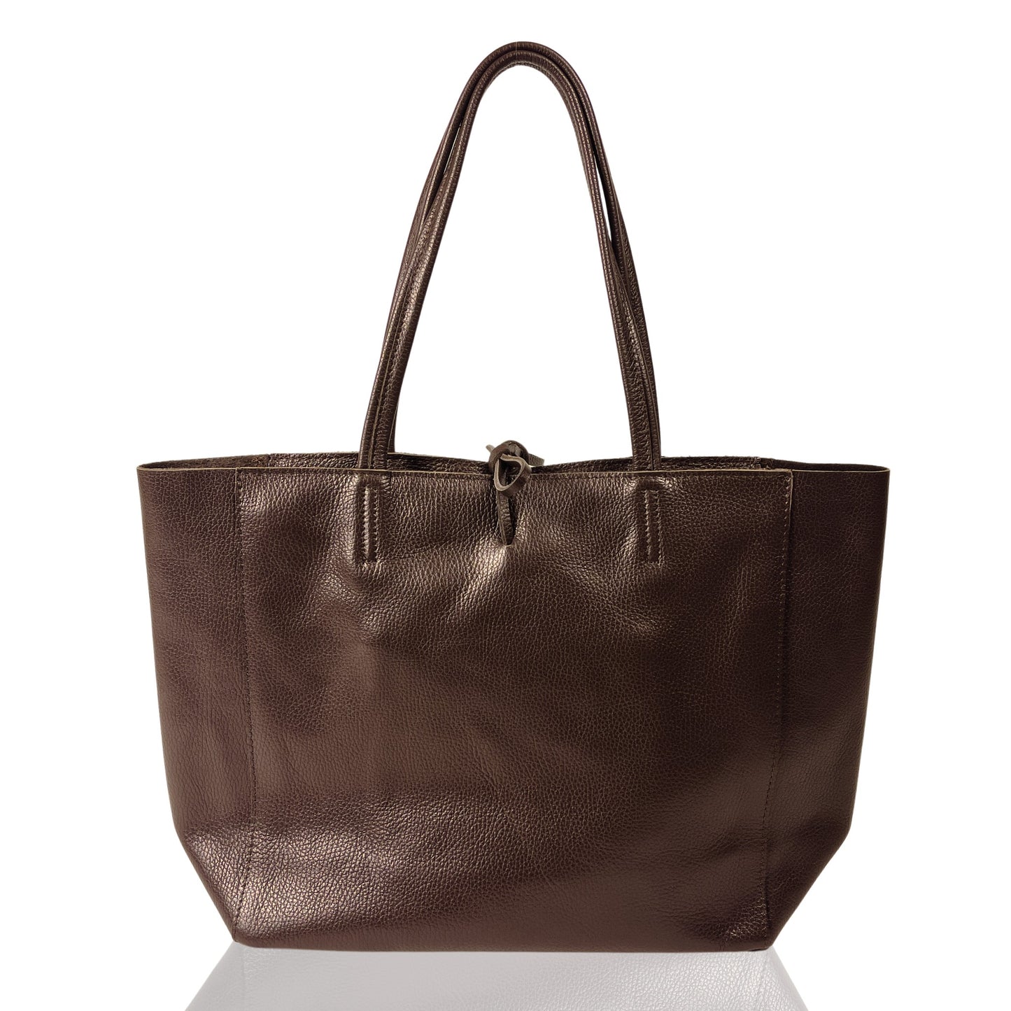 Front view of dark chocolate full-grain real leather tote bag with twin handles and subtle grain texture
