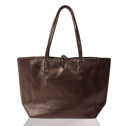 Front view of dark chocolate full-grain real leather tote bag with twin handles and subtle grain texture