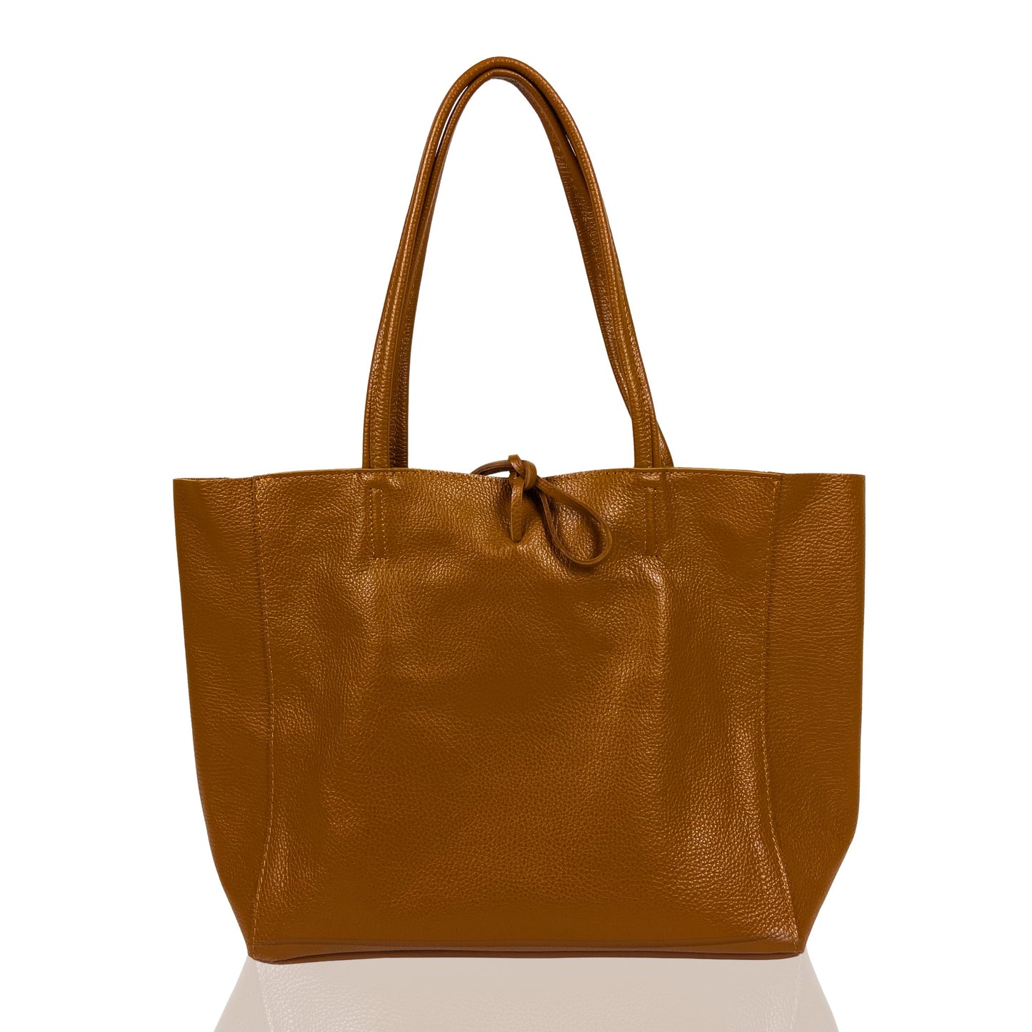 dark-tan Classic Real Leather Tote Bag with Shoulder Straps front view, showing structured design and stitching detail.