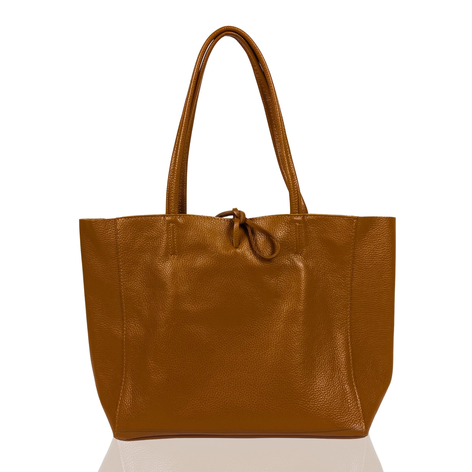 dark-tan Classic Real Leather Tote Bag with Shoulder Straps front view, showing structured design and stitching detail.