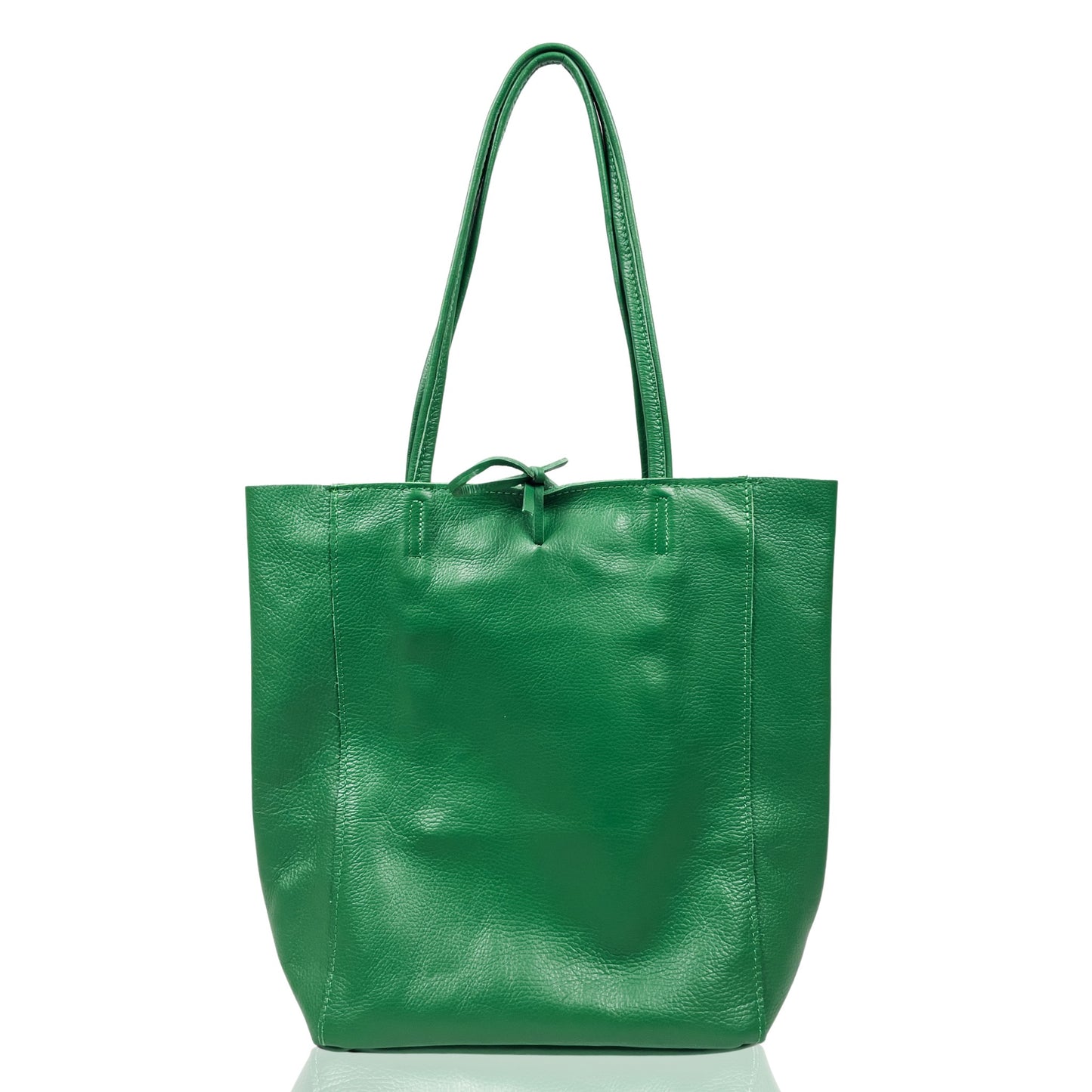 Front view of green Italian leather tote bag with structured body and smooth finish