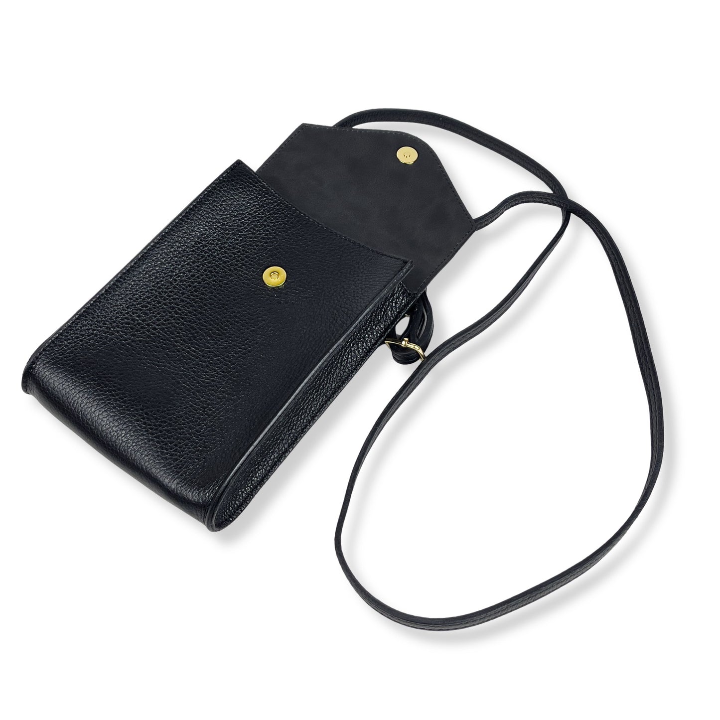 Black leather mobile phone bag lying flat with flap open showing inner section
