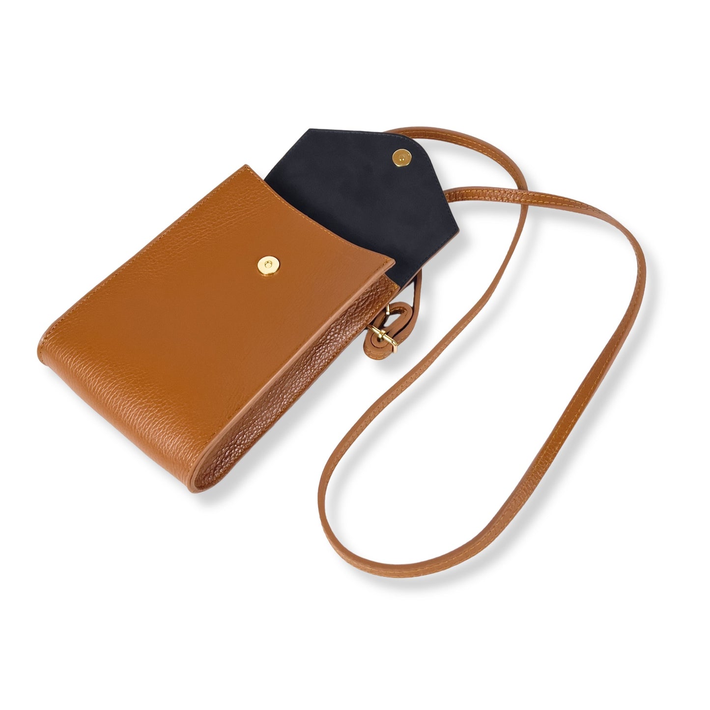 Angled view of dark tan real leather phone bag with visible strap and detailing
