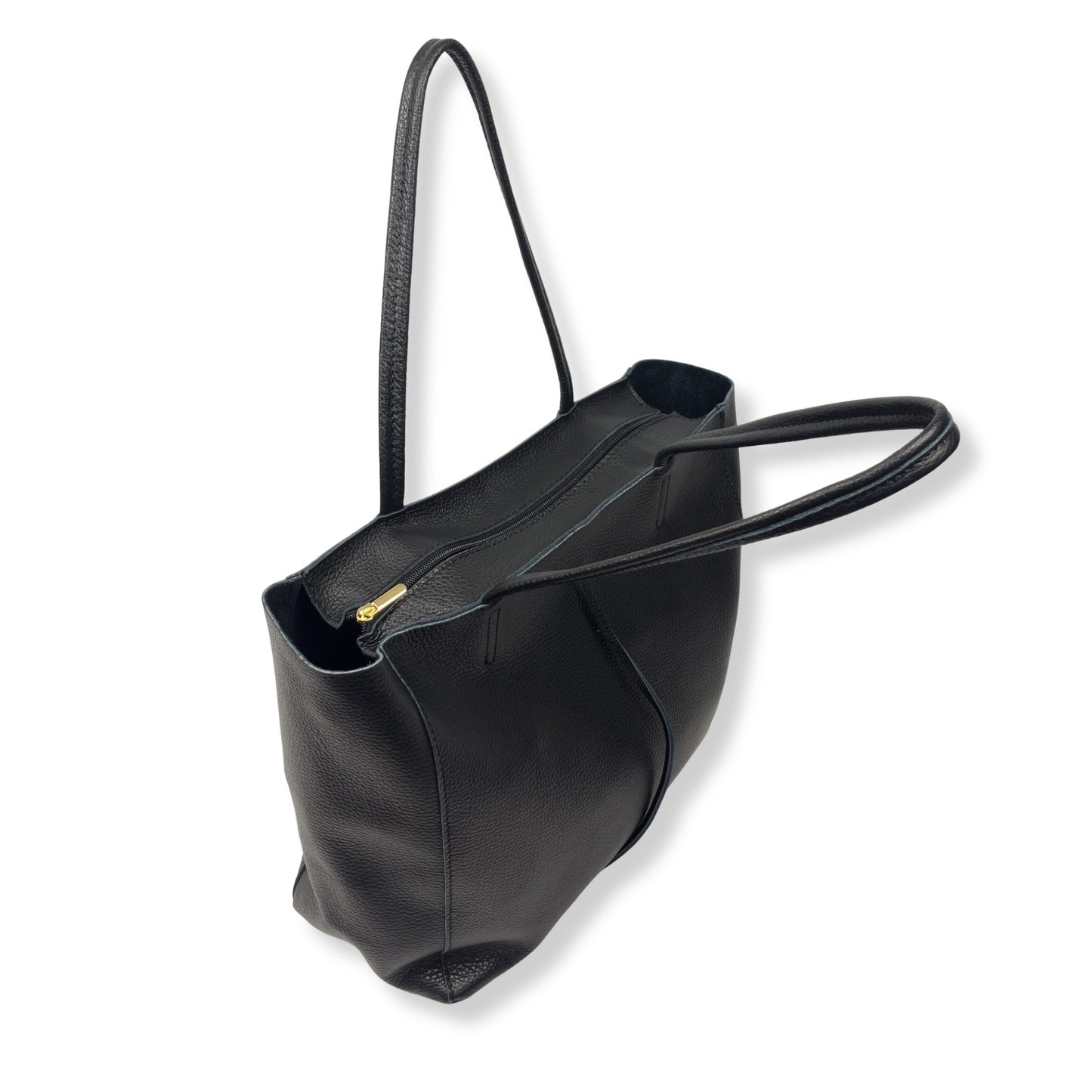 Top open view of black Italian full-grain leather tote bag showing zip top and handles