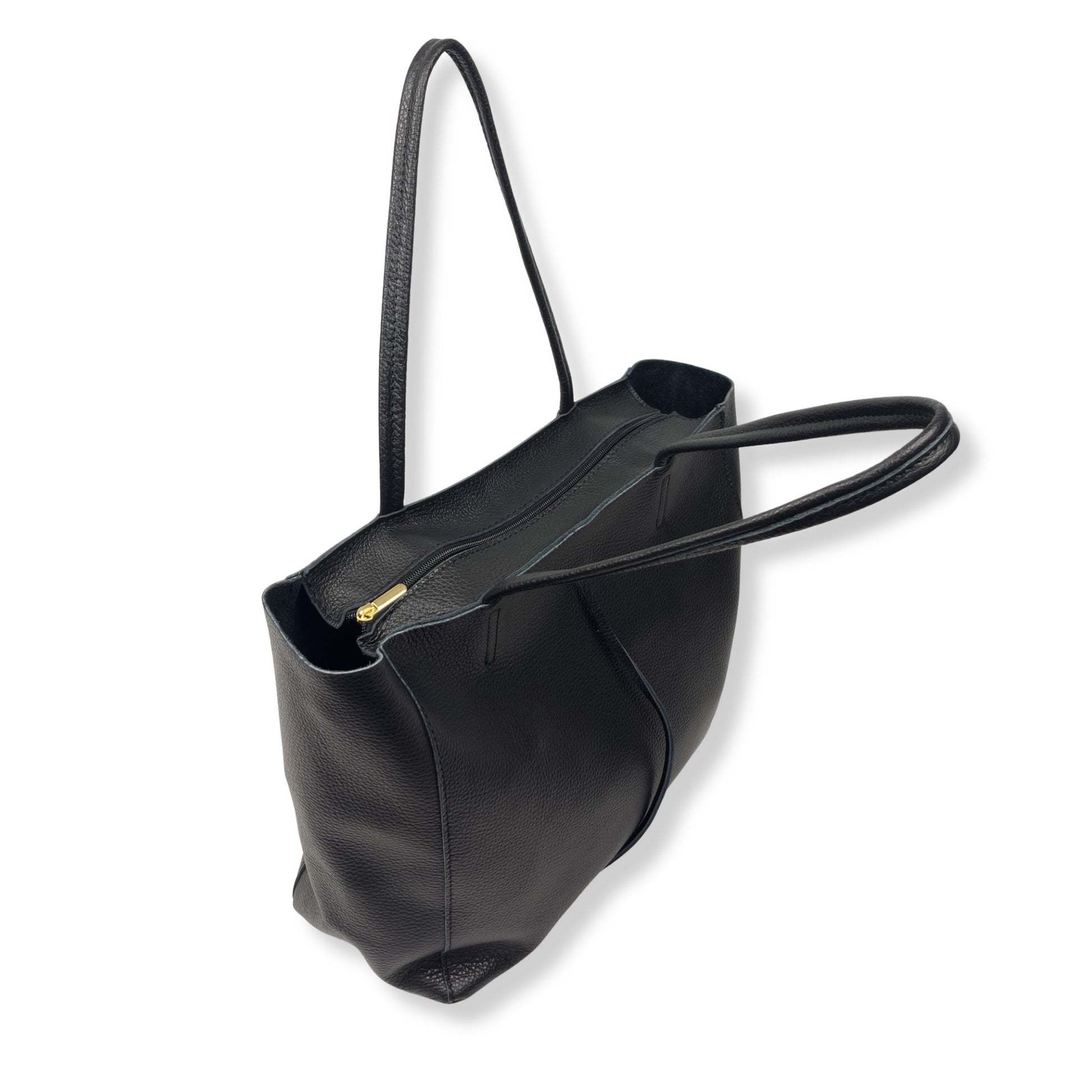 Top open view of black Italian full-grain leather tote bag showing zip top and handles