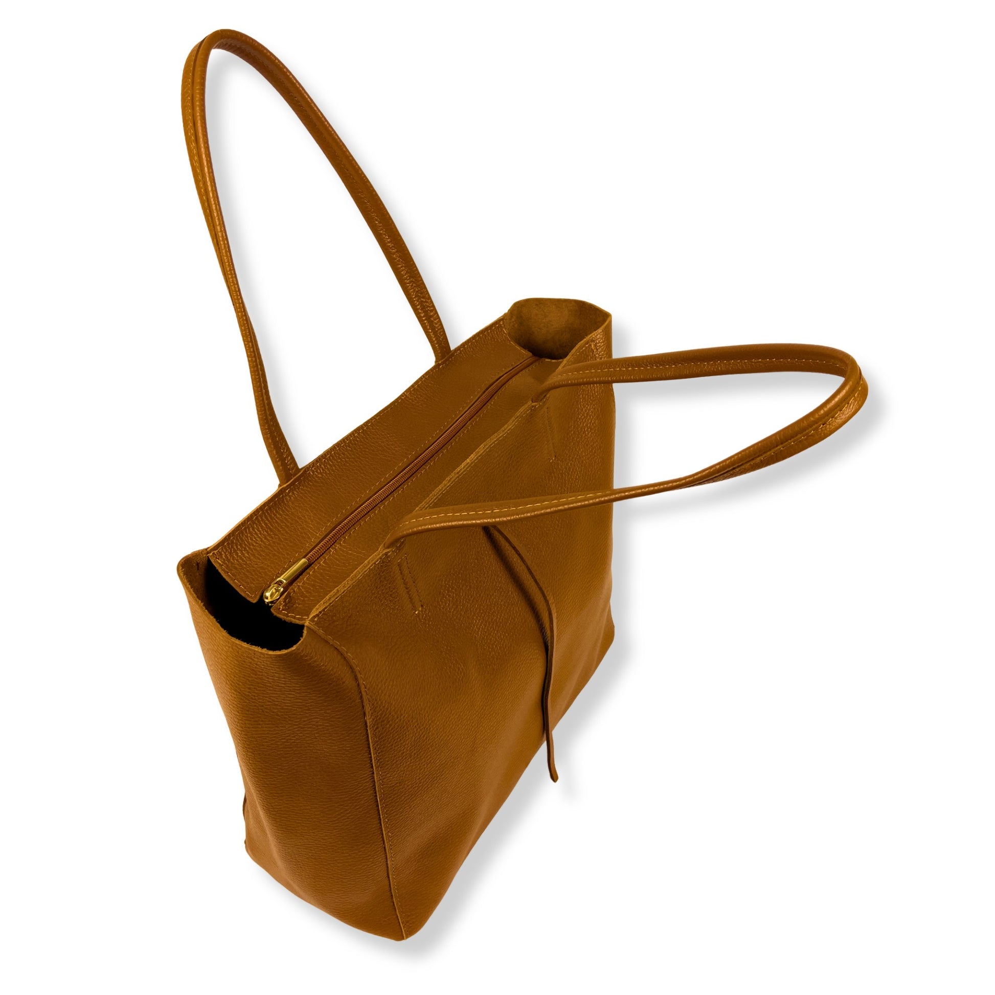 Dark-tan Classic Real Leather Tote Bag with Shoulder Straps top view with open handles, showing structured design and stitching detail.