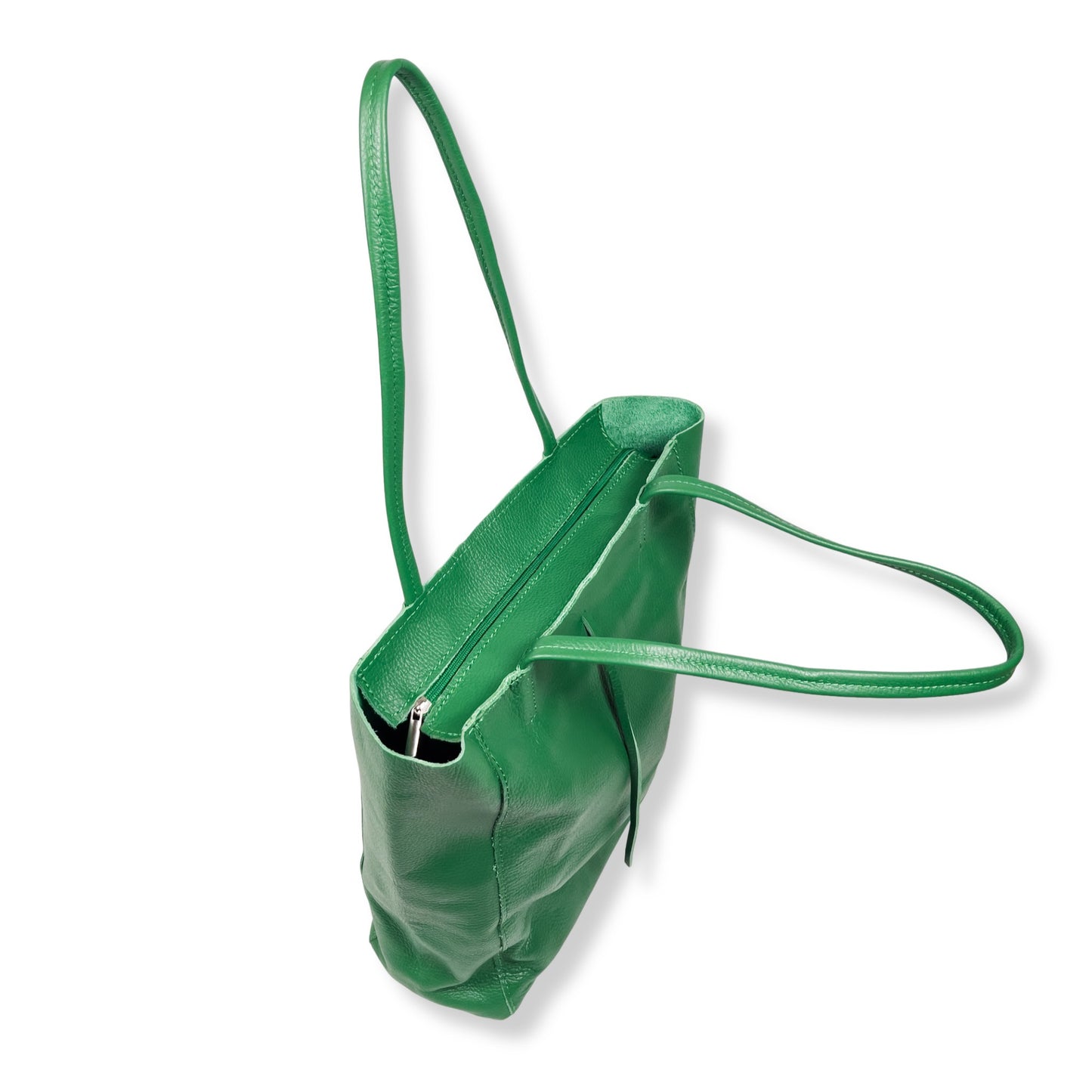 Open top view of green real Italian leather tote bag showing zip top