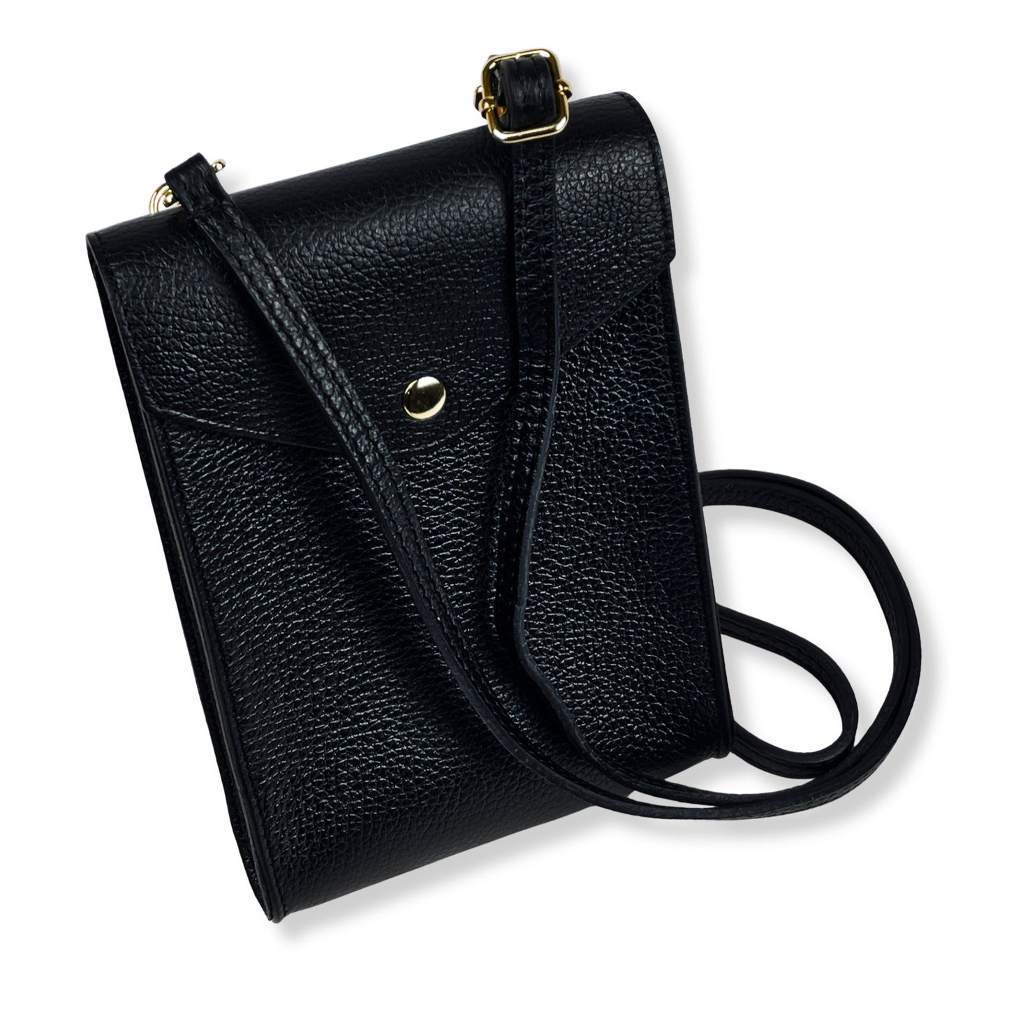 Black real leather crossbody mobile phone bag upright with strap visible
