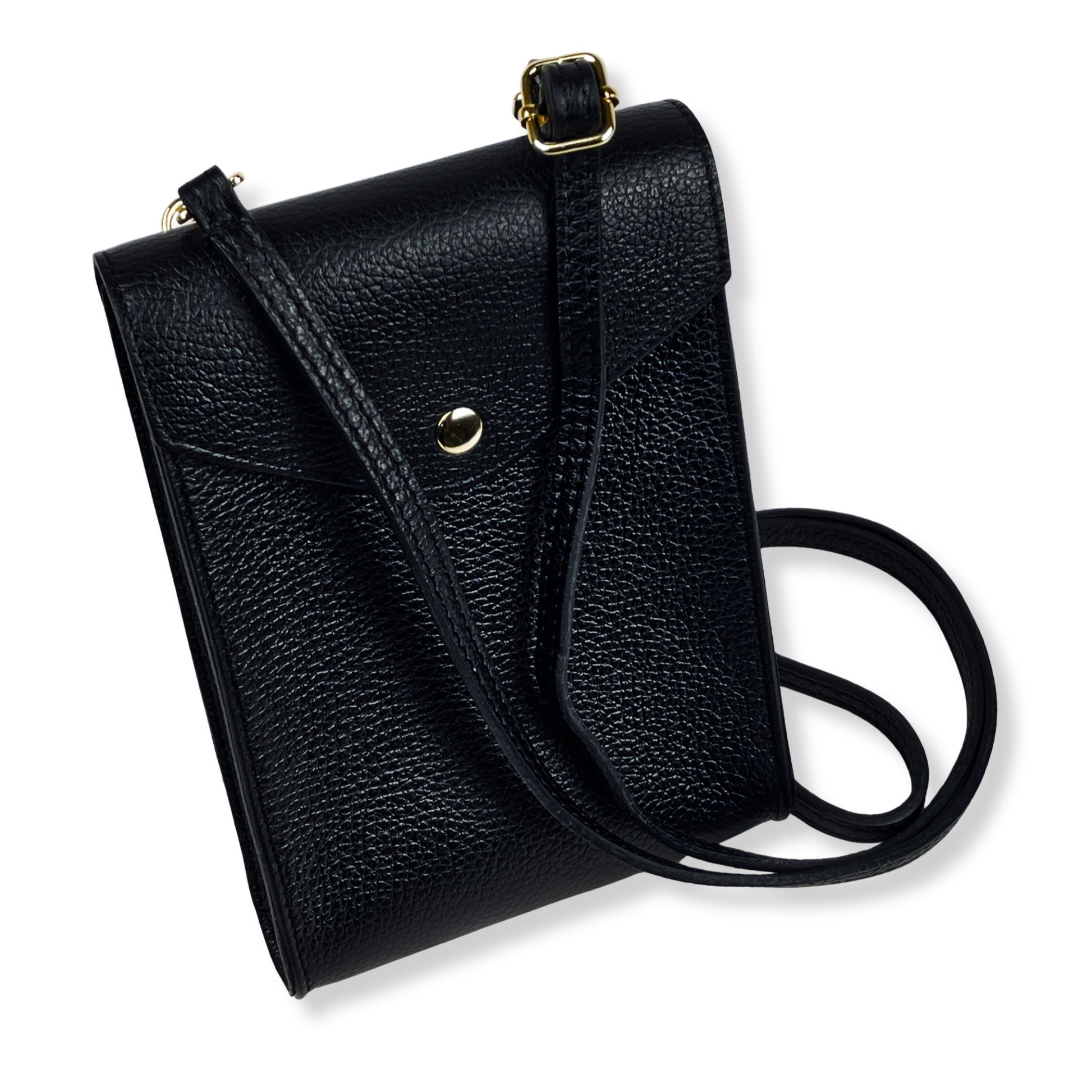 Black real leather crossbody mobile phone bag upright with strap visible
