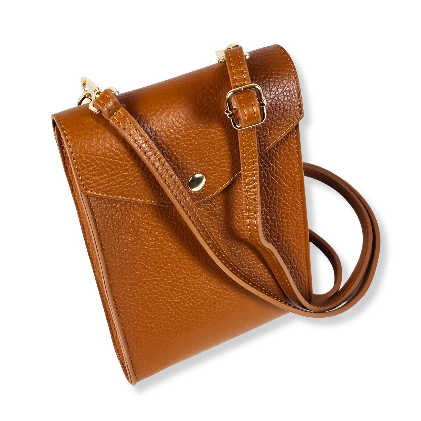 Front view of slim dark tan real Italian leather phone bag showing craftsmanship and stitching detail
