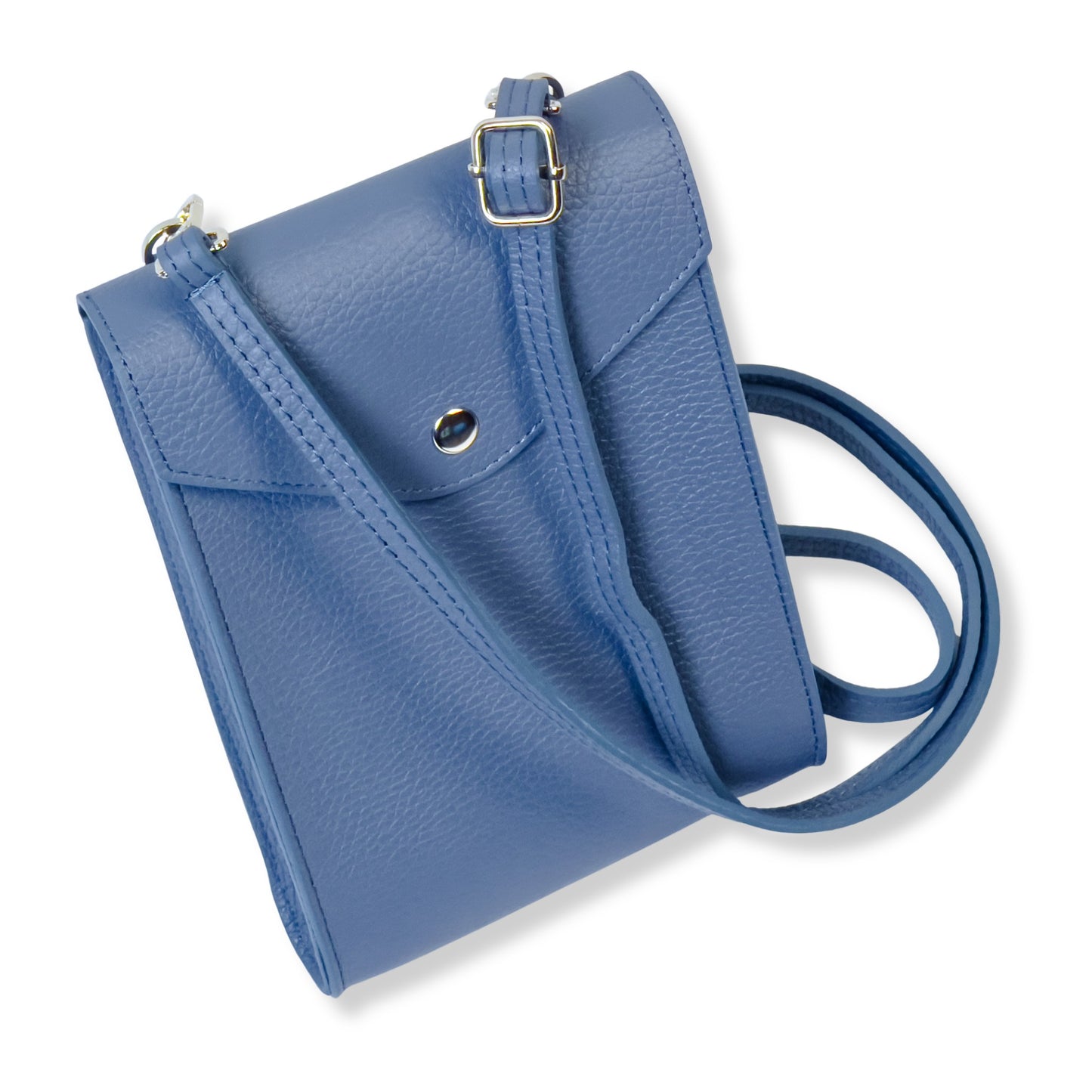 Denim blue real leather crossbody phone bag upright with strap visible
