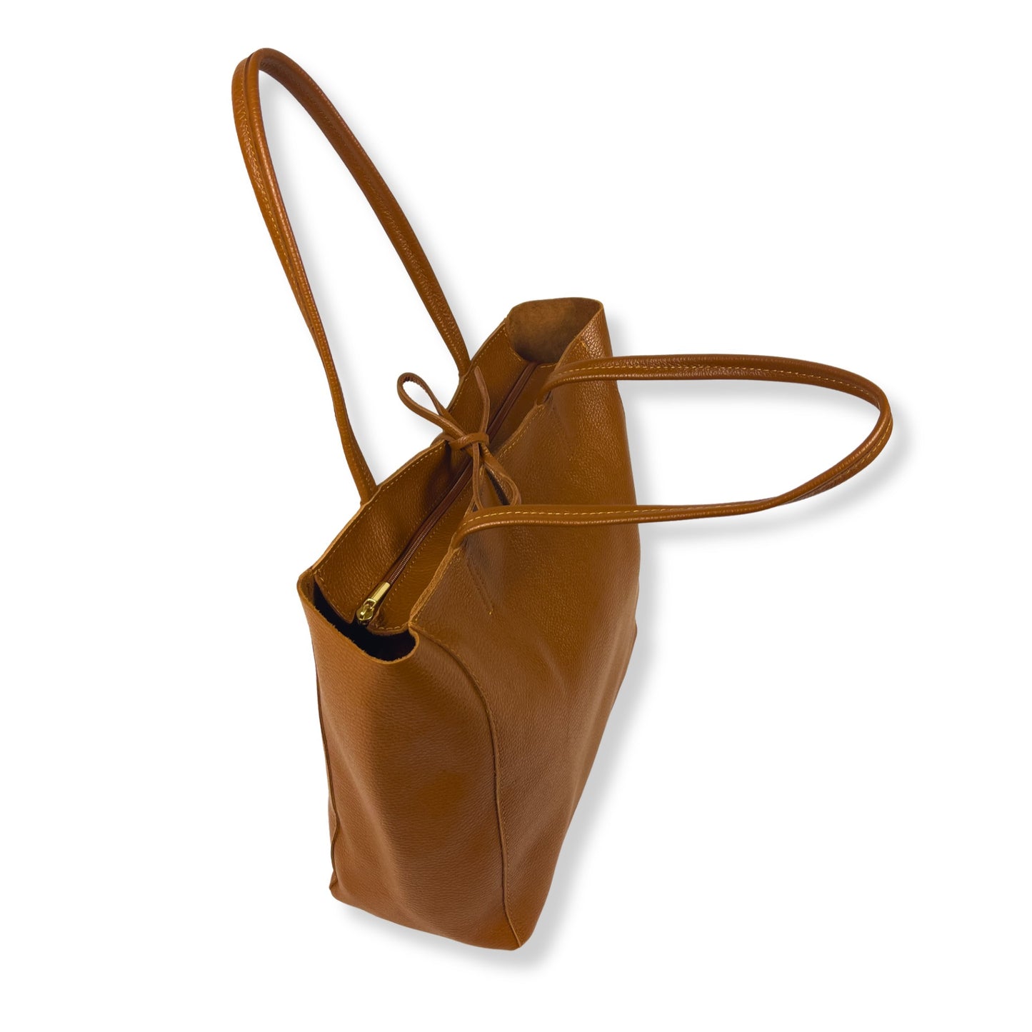 Dark-tan Classic Real Leather Tote Bag with Shoulder Straps top view with tie strap detail, showing structured design and stitching detail.