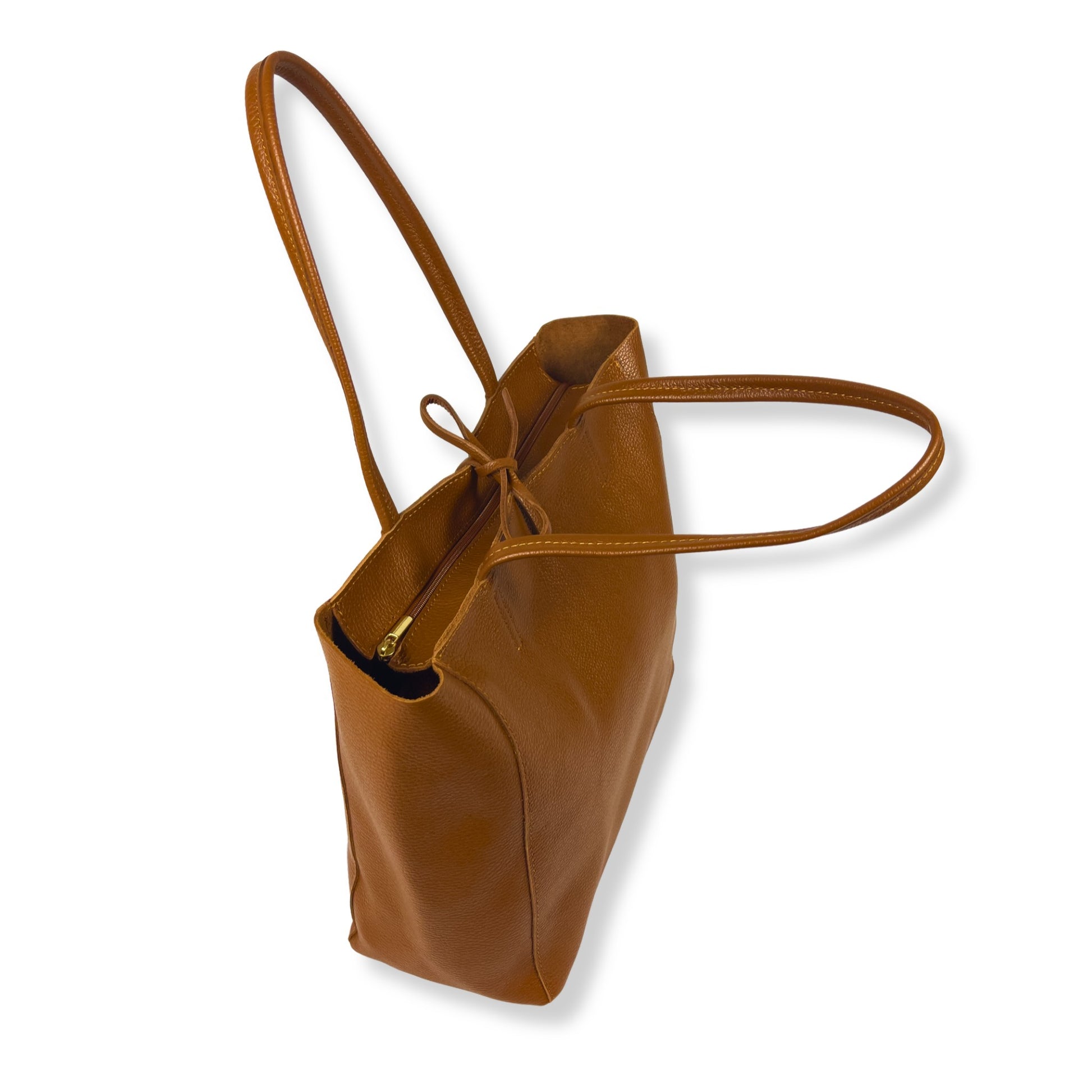 Dark-tan Classic Real Leather Tote Bag with Shoulder Straps top view with tie strap detail, showing structured design and stitching detail.